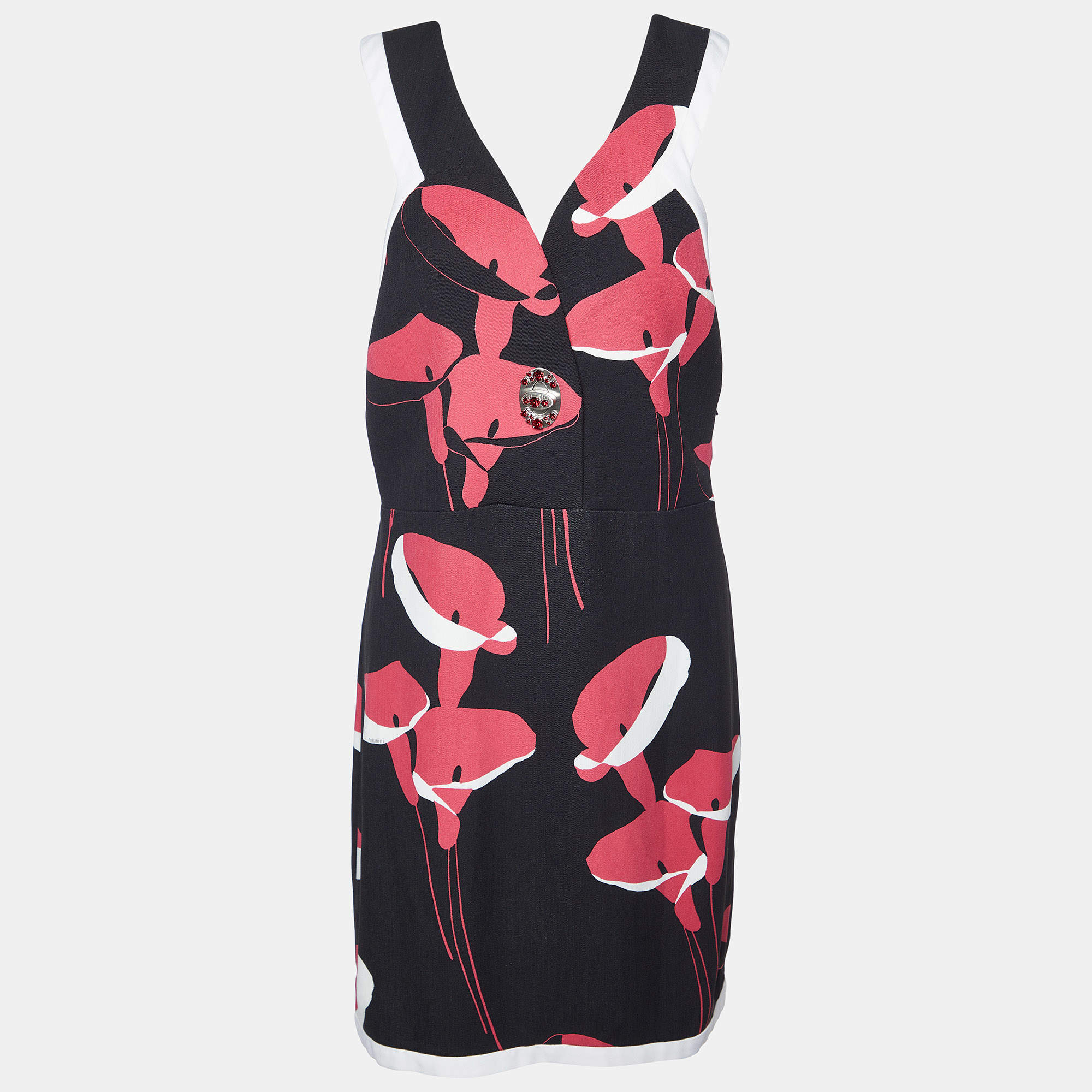 Miu Miu Black Floral Print Cady Turn Lock Detail Sleeveless Dress M