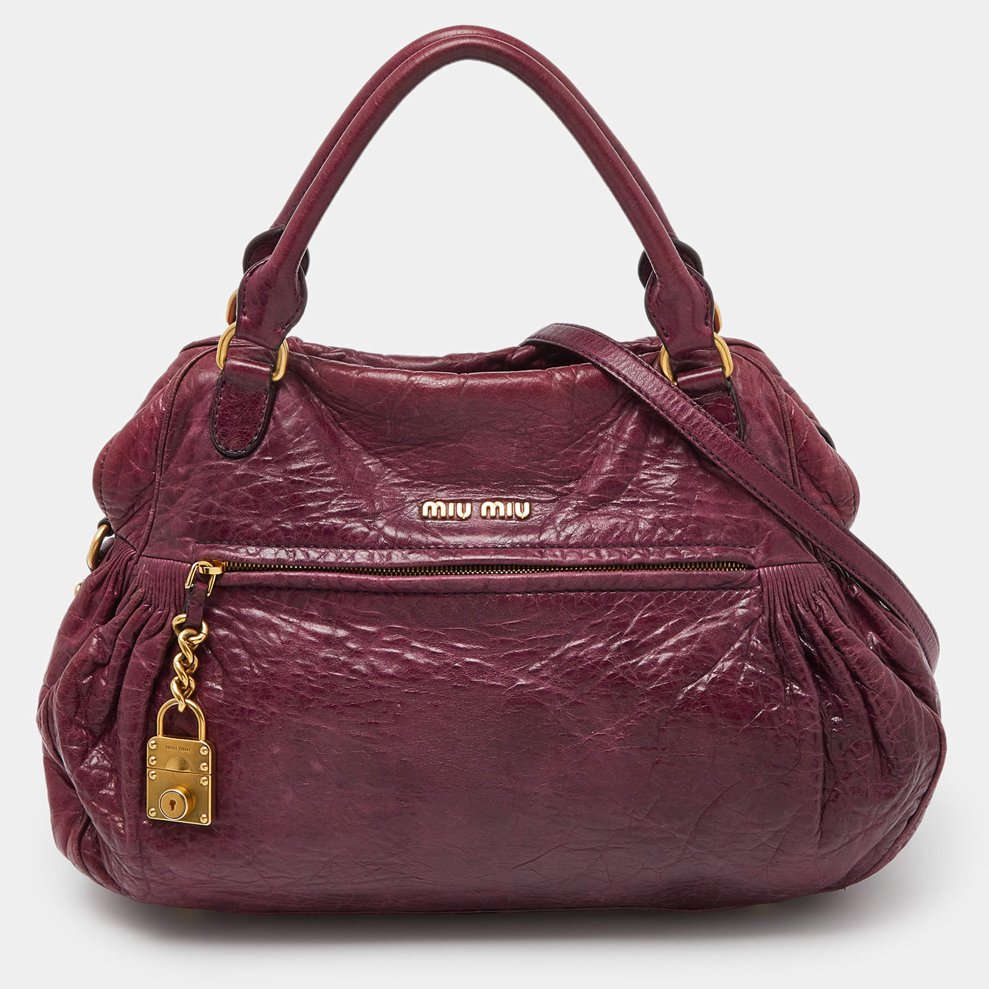 Miu Miu Purple Leather Lily Distressed Satchel