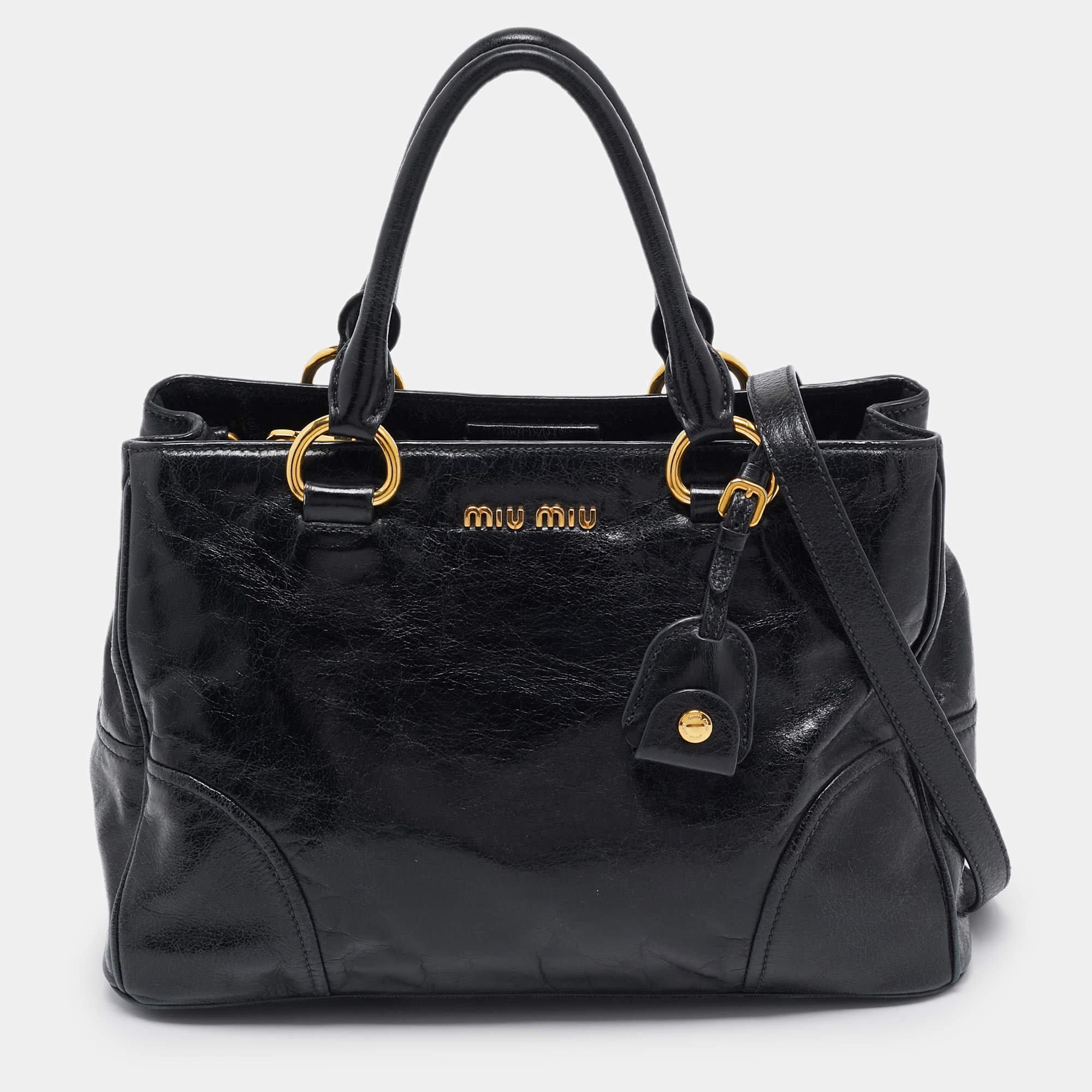 Miu Miu Black Vitello Leather Middle Zip Tote