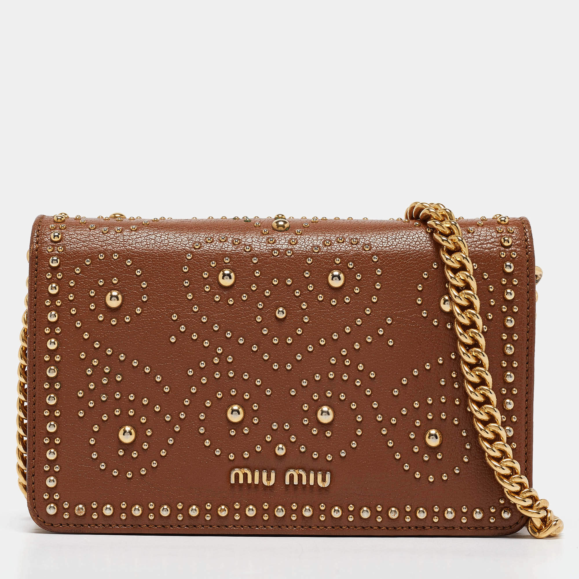 Pre Owned Miu Miu Brown Leather Studded Wallet on Chain