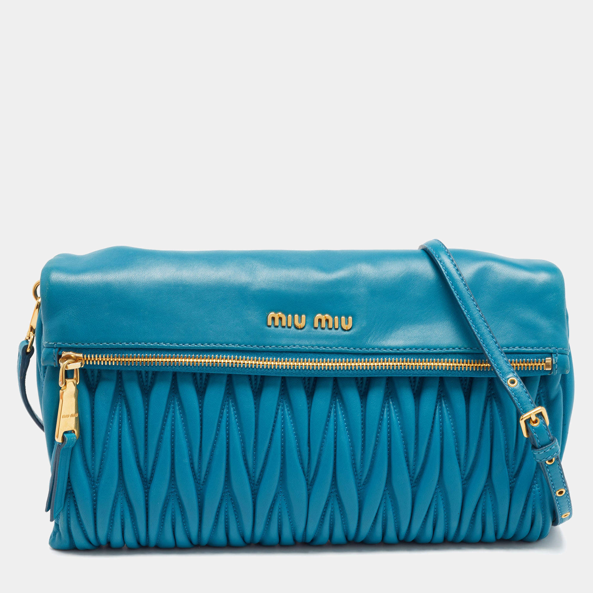 Miu Miu Blue Matelassé Leather Fold Over Zip Shoulder Bag