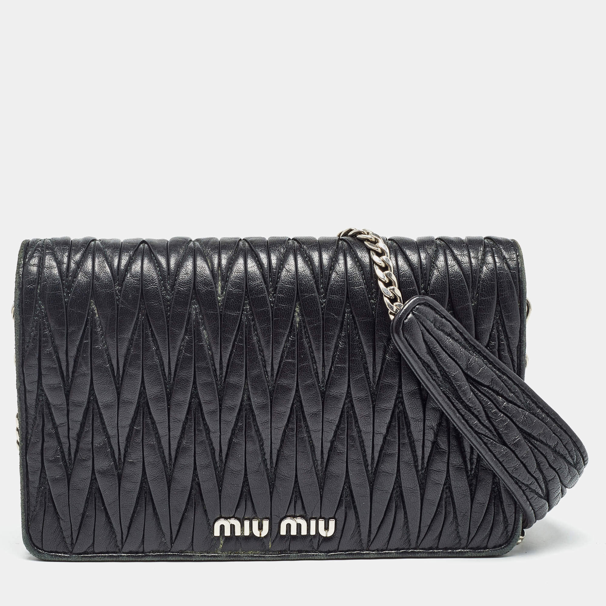 Miu Miu Black Matelassé Leather Chain Clutch Bag