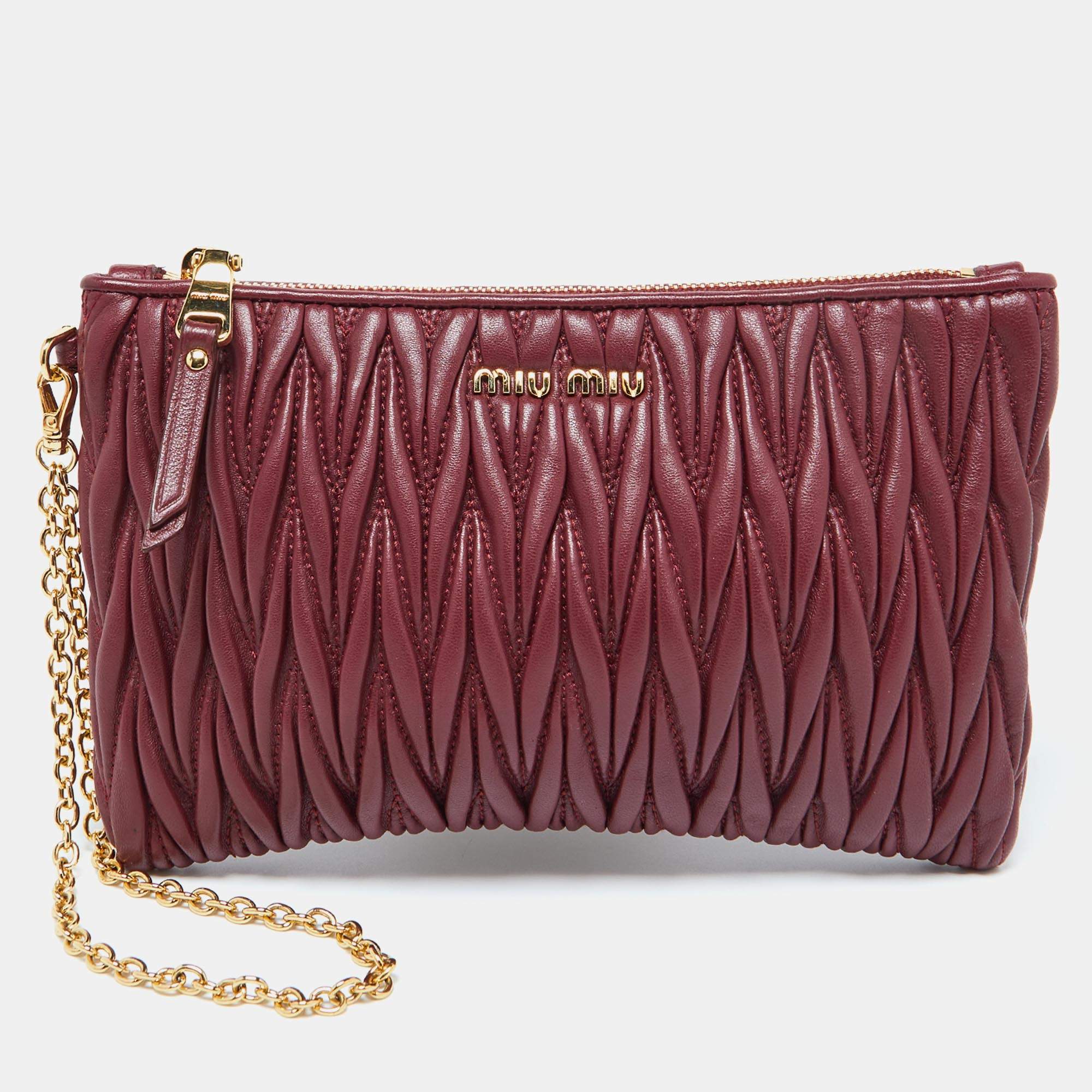 Miu Miu Burgundy Matelassé Leather Chain Clutch 