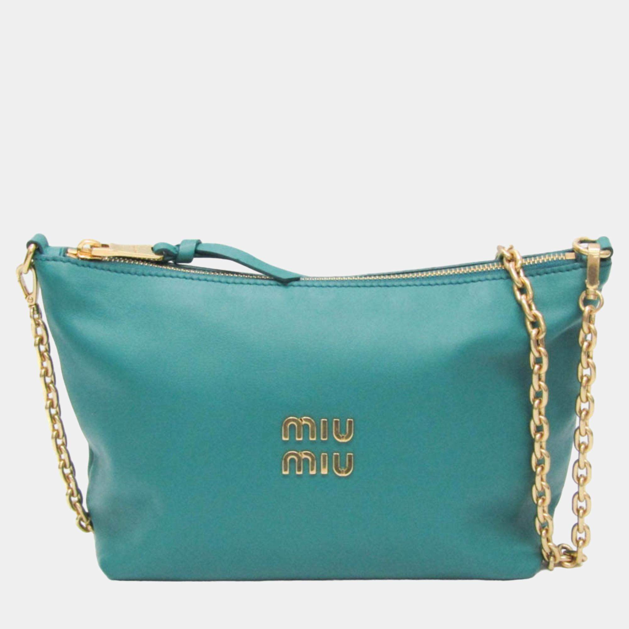 Miu Miu Green Leather Logo Chain Shoulder Bag