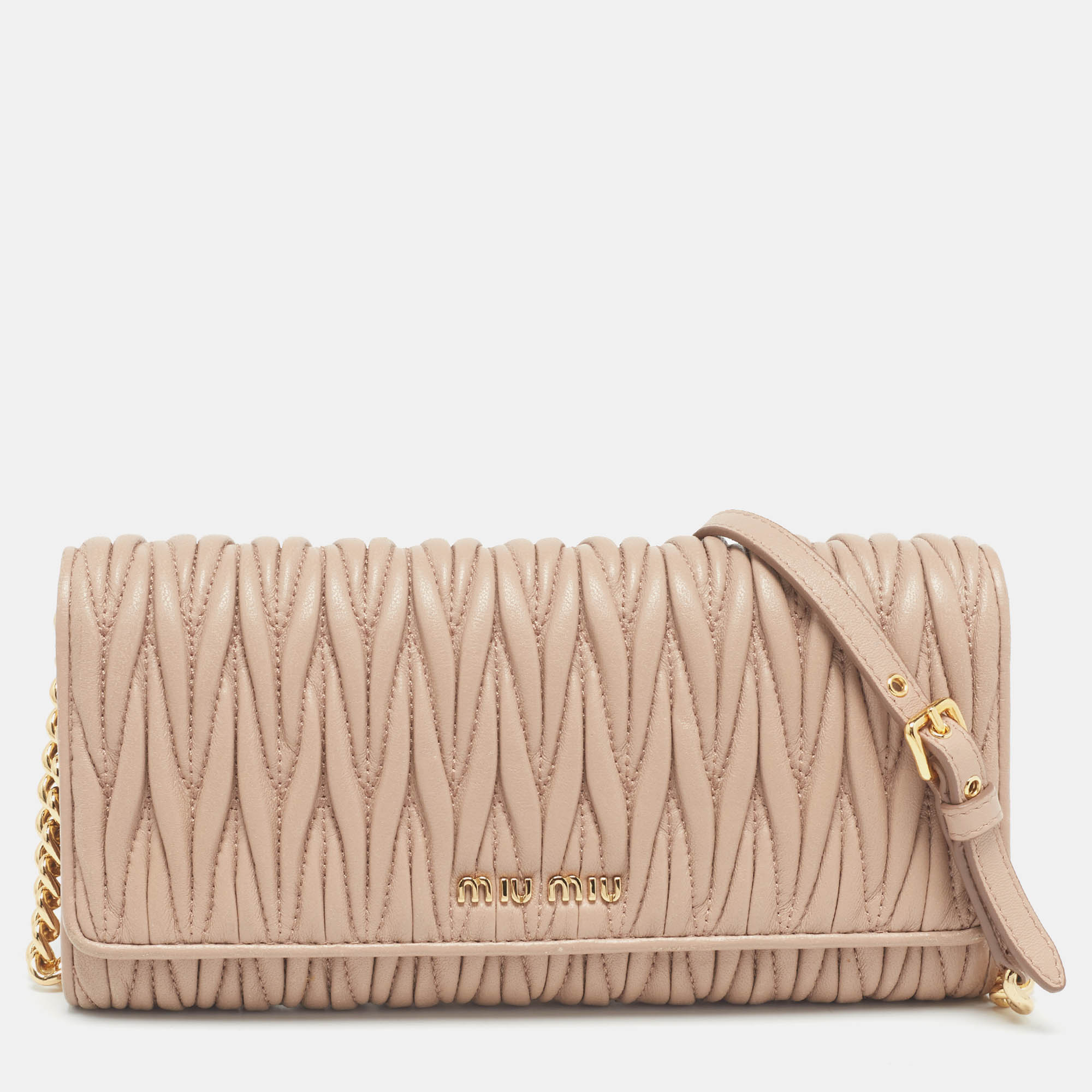 Miu Miu Beige Matelassé Leather Wallet On Chain