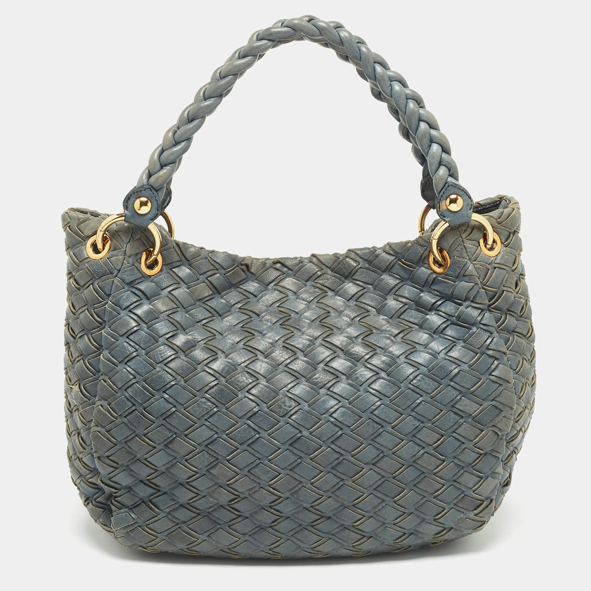Miu Miu Blue Woven Leather Snap Hobo