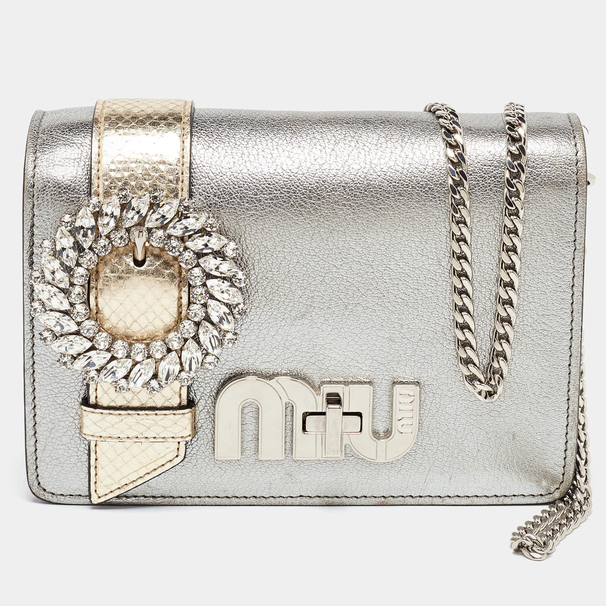 Pre Owned Miu Miu Silver/Gold Leather and Watersnake Leather Crystal Embellished Clutch Bag