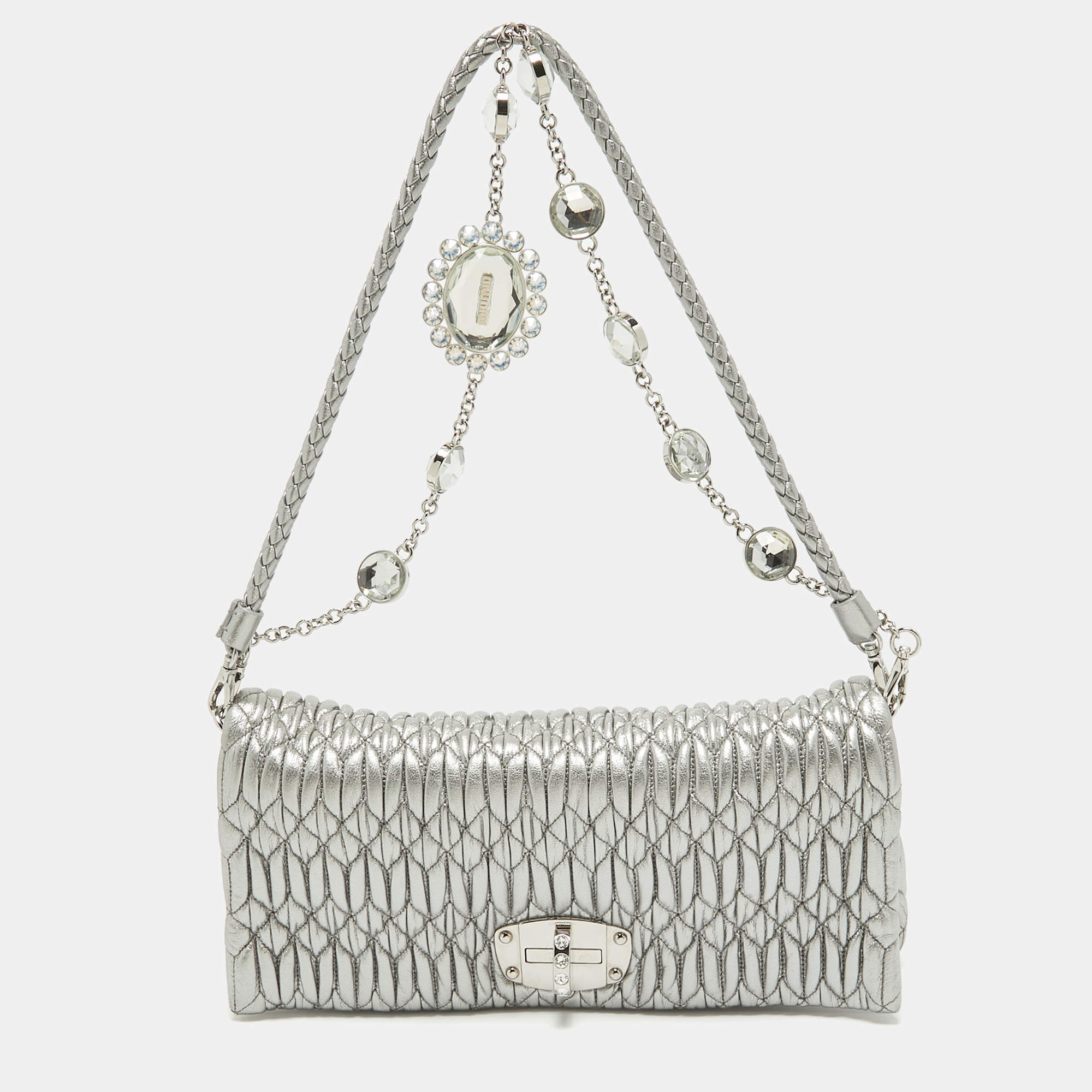 Miu Miu Silver Matelassé Leather Crystals Shoulder Bag