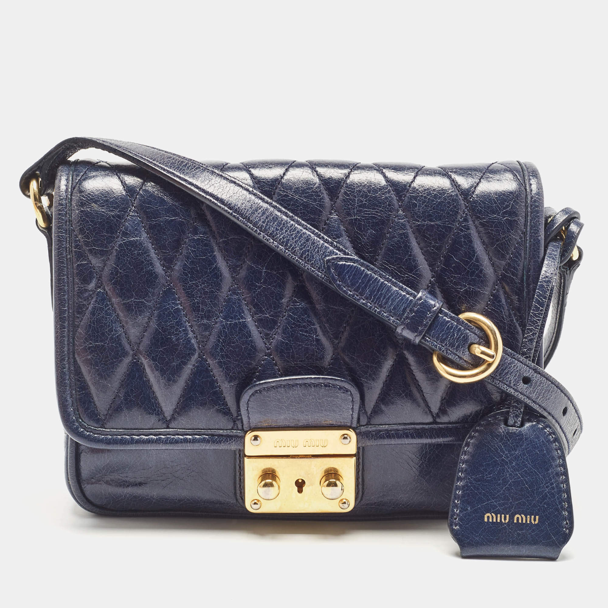 Miu Miu Navy Blue Vitello Shine Leather Pushlock Flap Crossbody