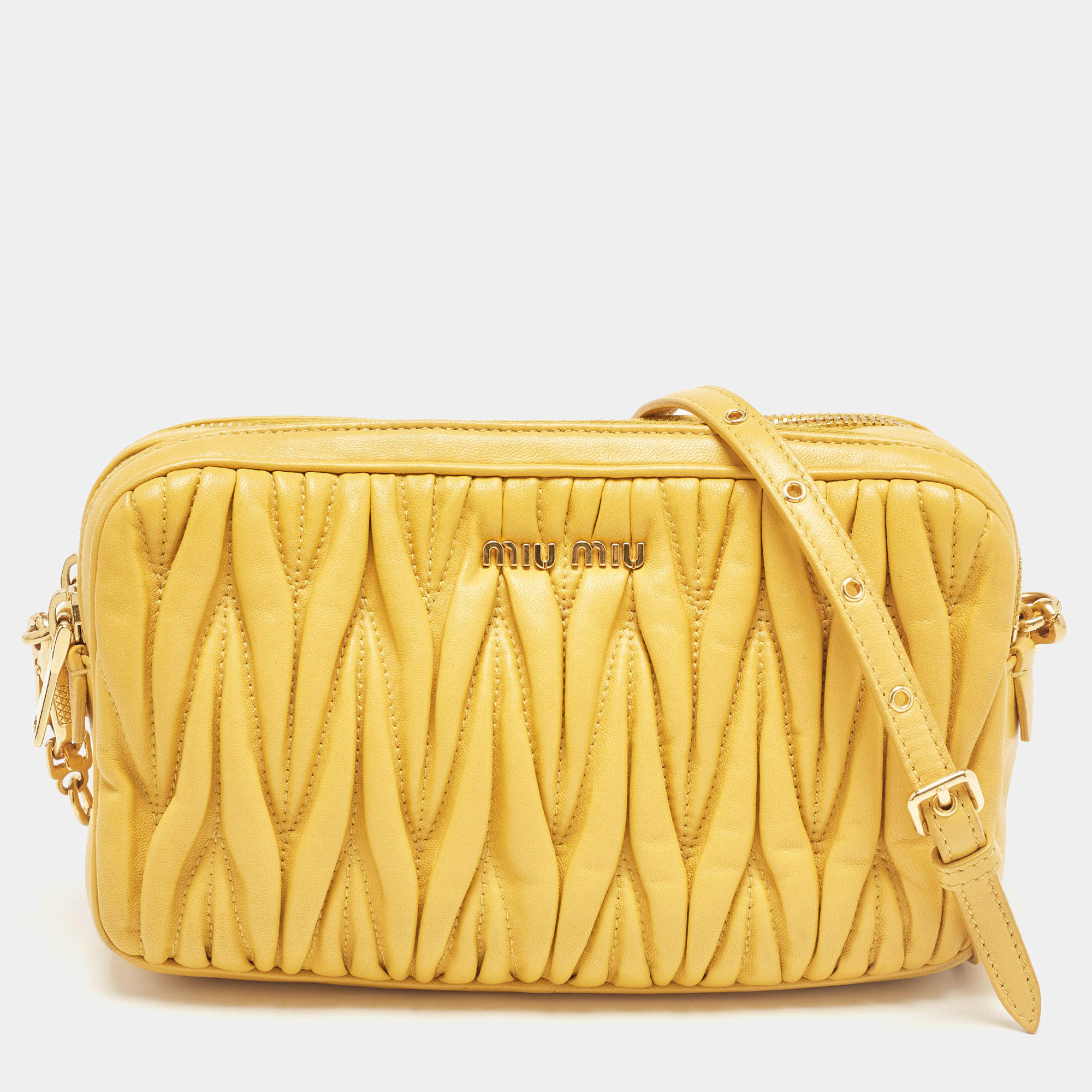 Miu Miu Mustard Matelassé Leather Double Zip Crossbody Bag