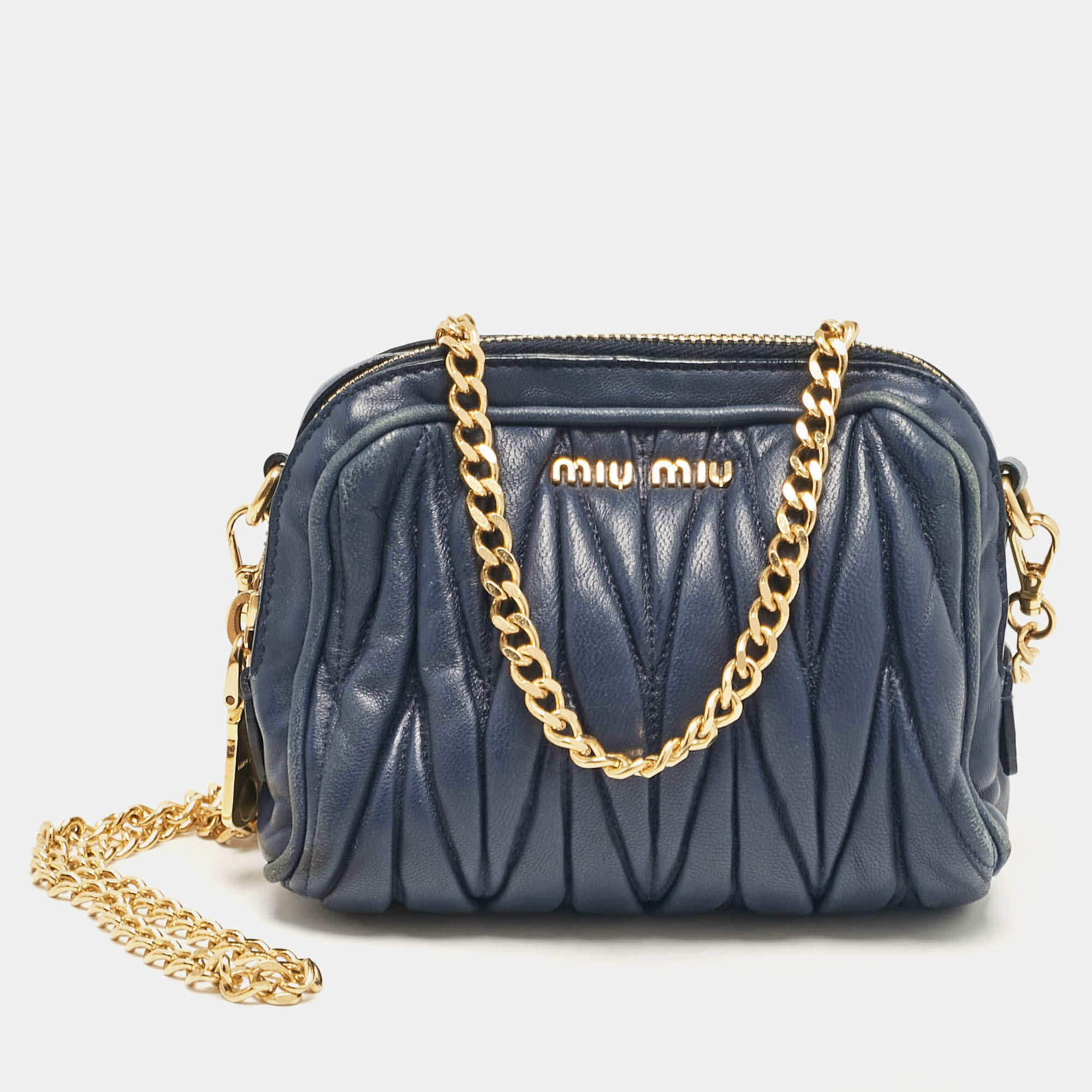 Pre Owned Miu Miu Blue Matelassé Leather Double Zip Crossbody Bag