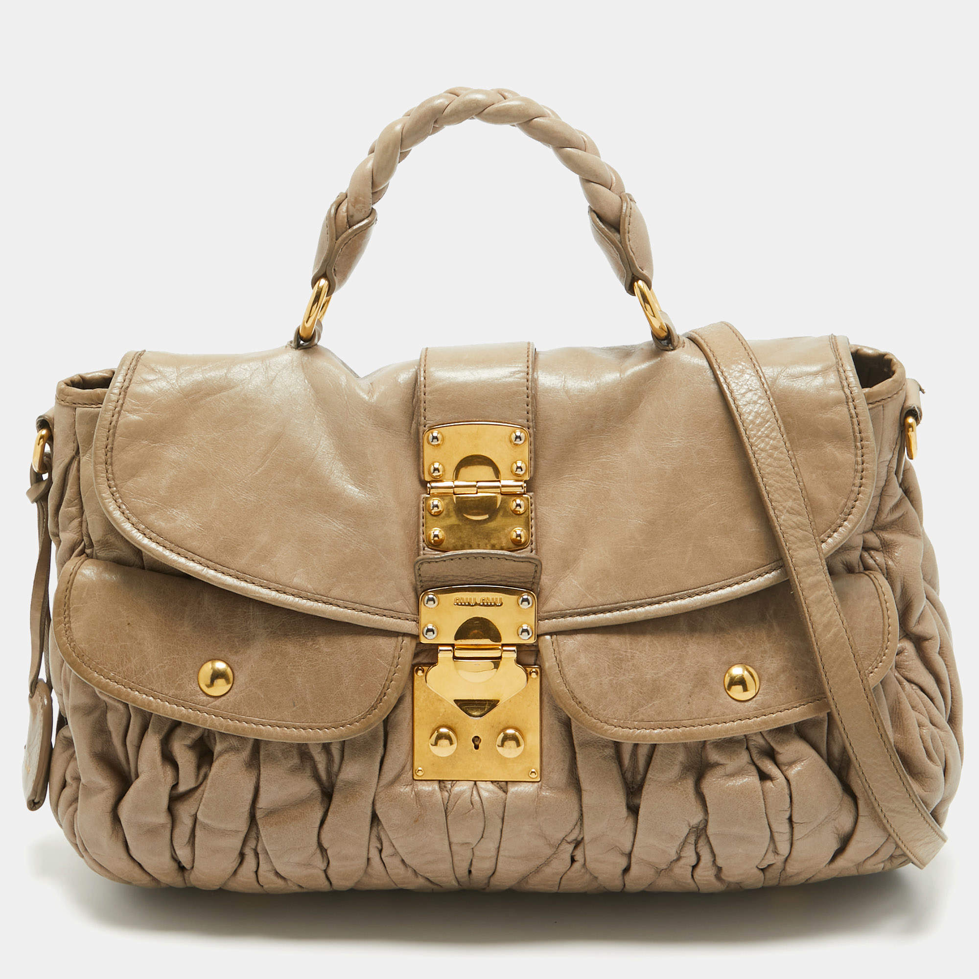 Miu Miu Light Green Matelassé Leather Coffer Hobo
