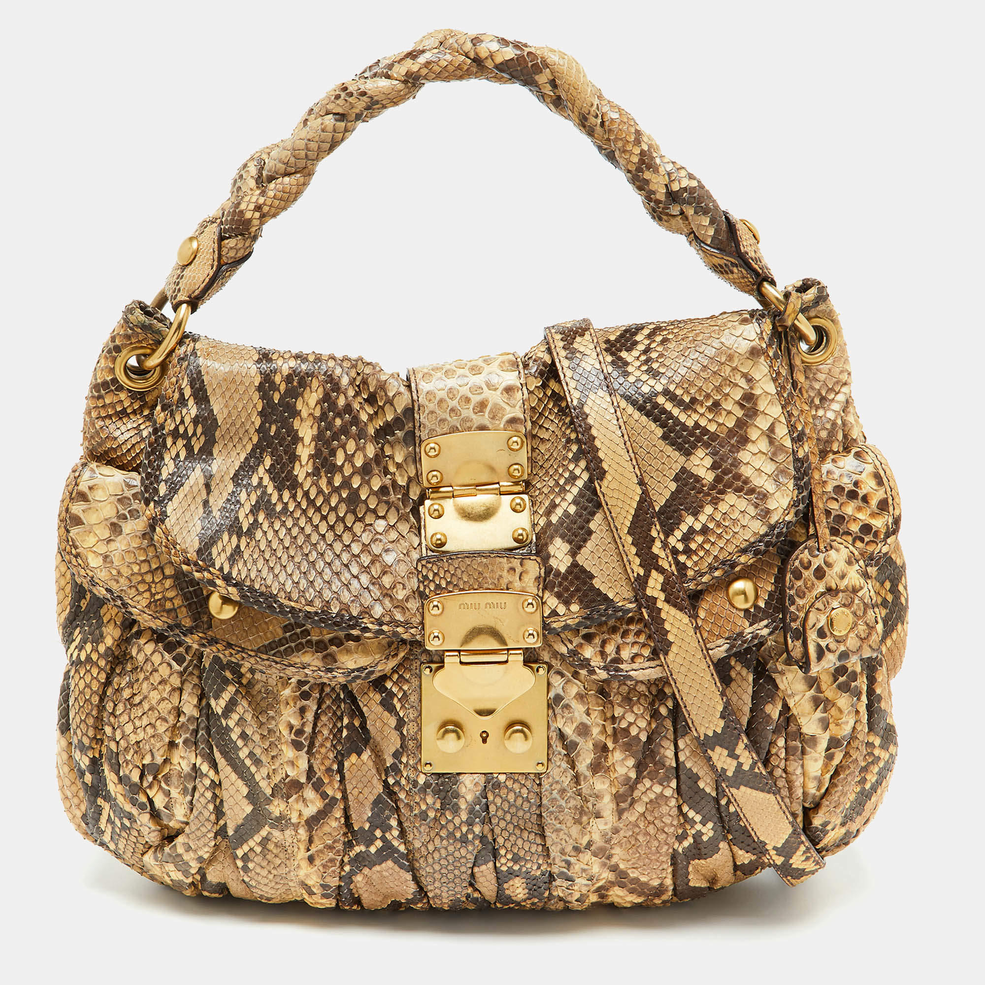 Miu Miu Brown Matelassé Python Coffer Hobo