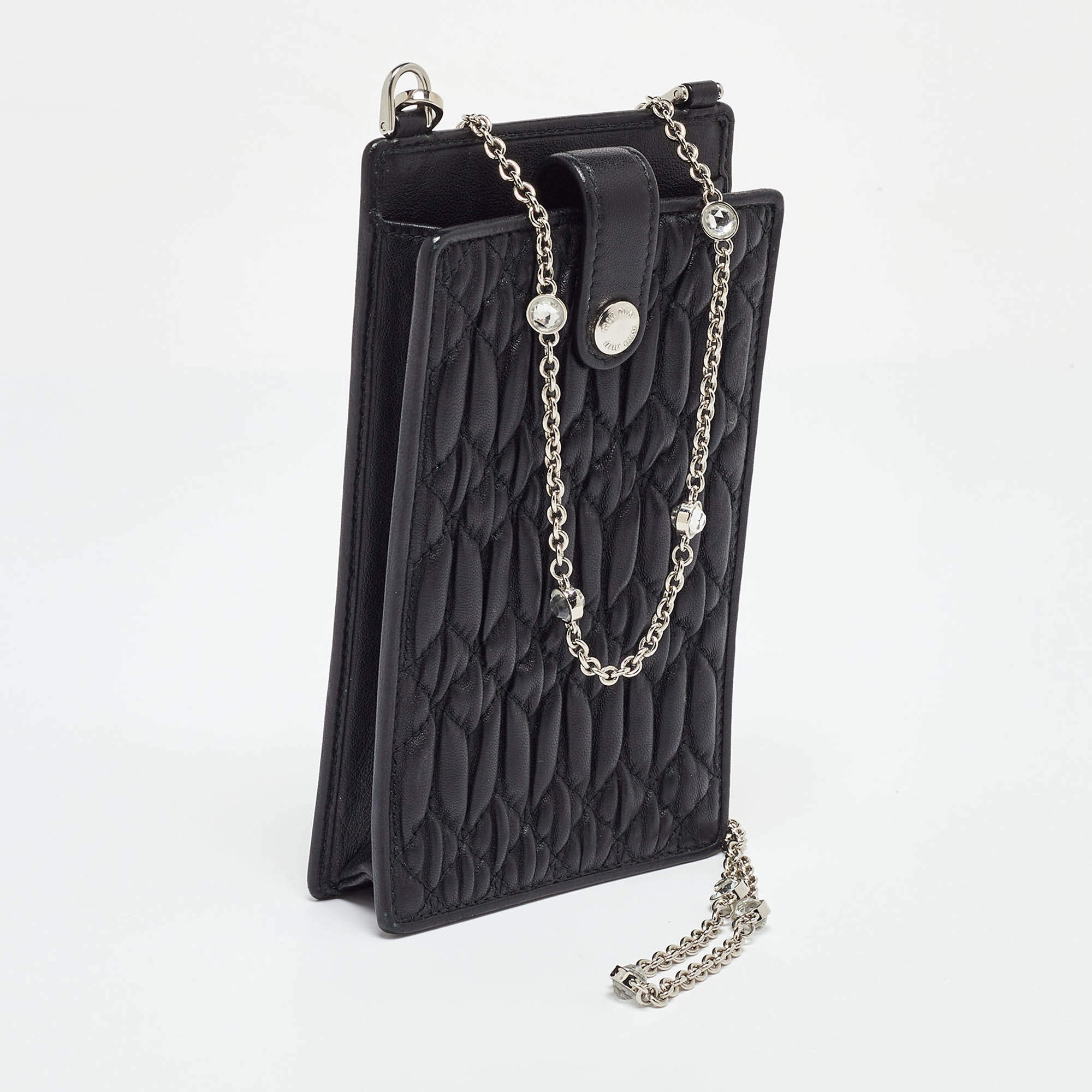 Pre Owned Miu Miu Black Matelasse Leather Phone Holder Crossbody Bag