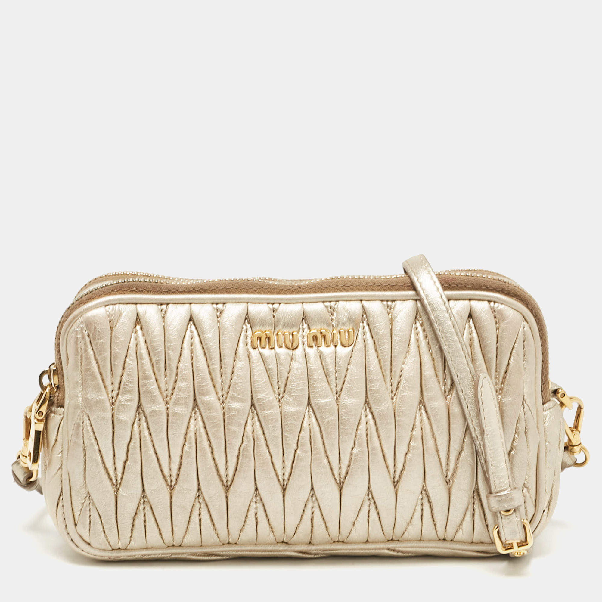 Miu Miu Gold Matelassé Leather Double Zip Crossbody Bag