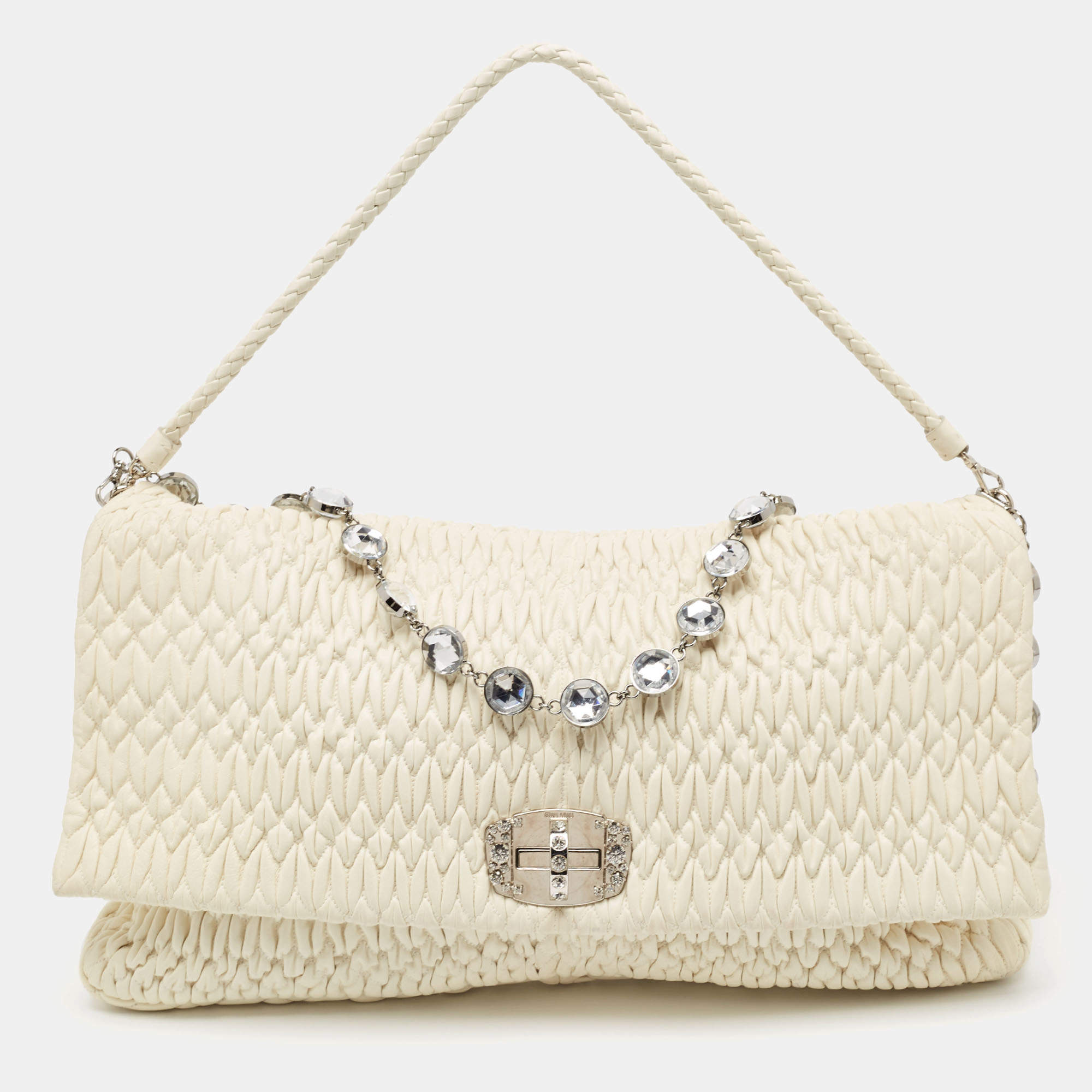 Miu Miu White Matelassé Leather Crystal Cloqué Flap Shoulder Bag