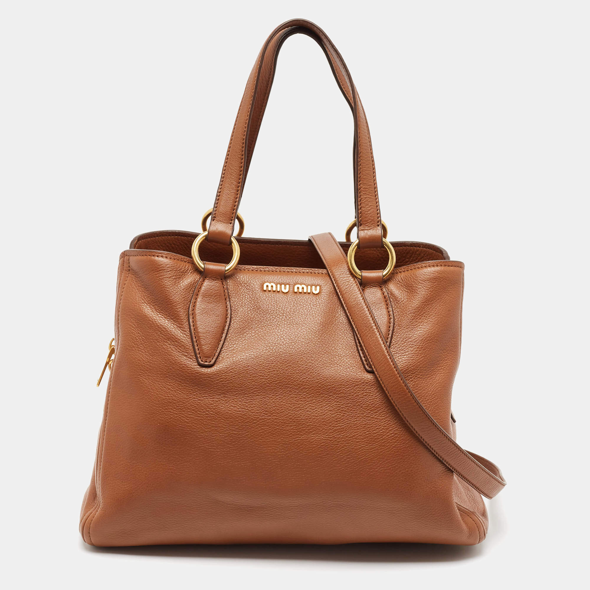 Pre Owned Miu Miu Brandy Leather 3 Compartment Tote