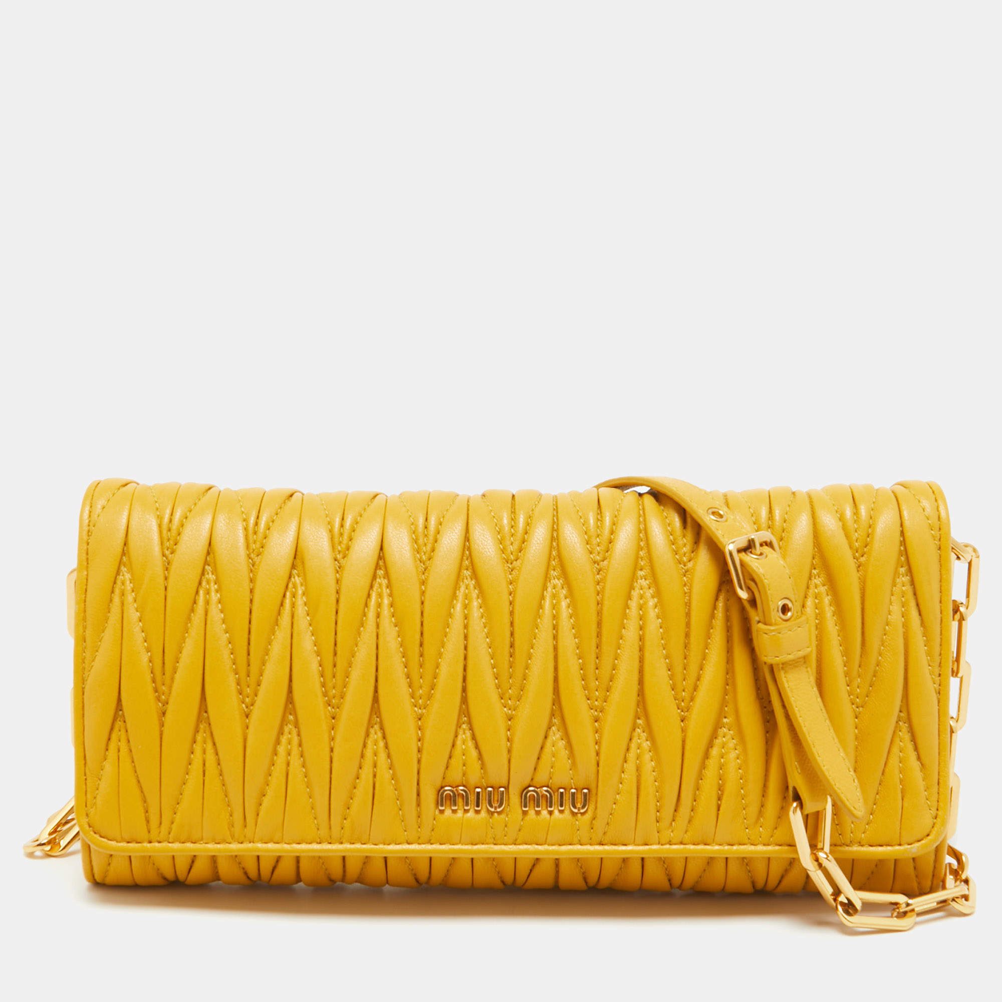 Miu Miu Mustard Matelassé Leather Flap Wallet On Chain