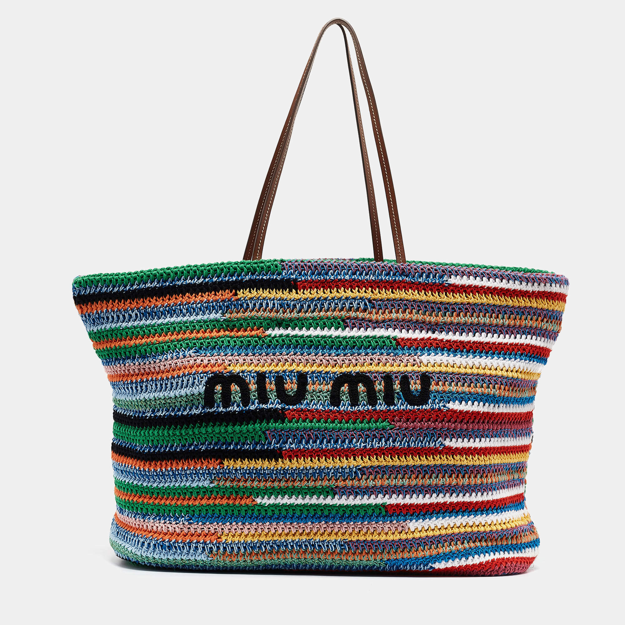 Pre Owned Miu Miu Multicolor Crochet and Leather Stripe Shopper Tote