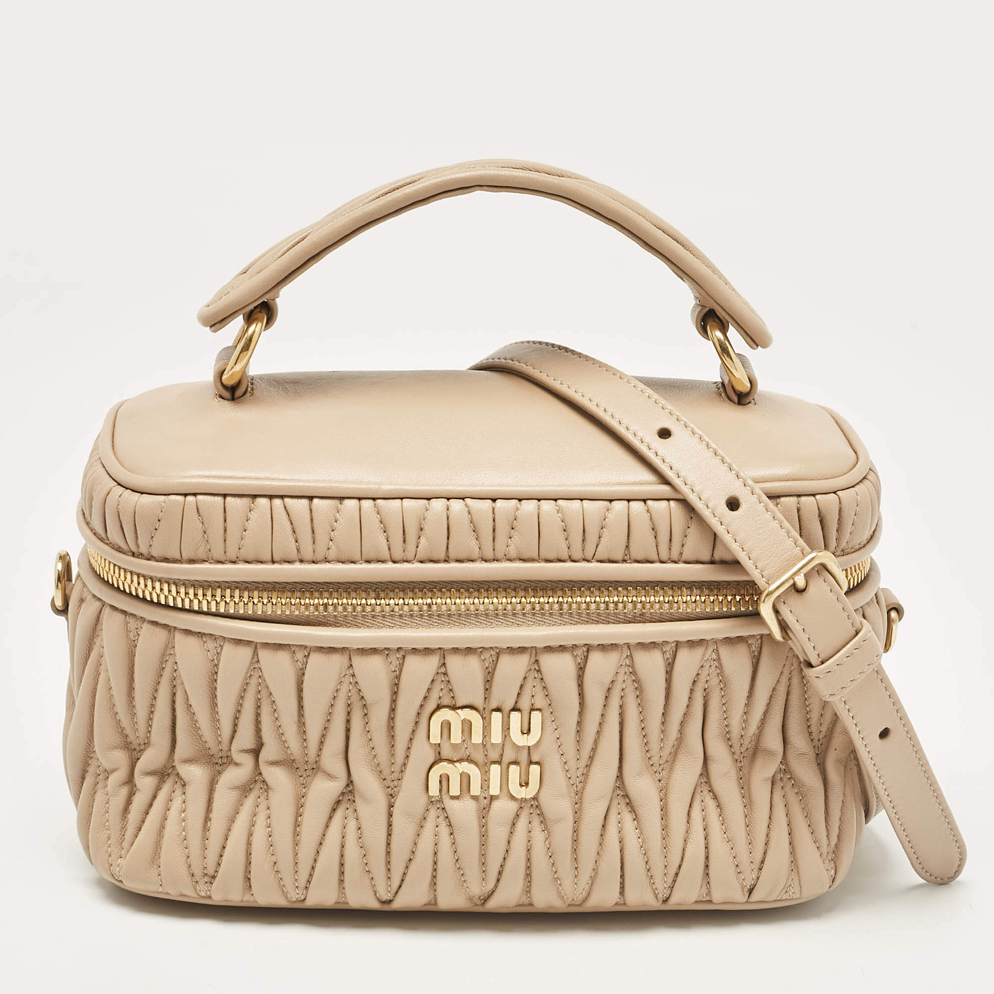 Miu Miu Beige Matelassé Leather Vanity Top Handle Bag