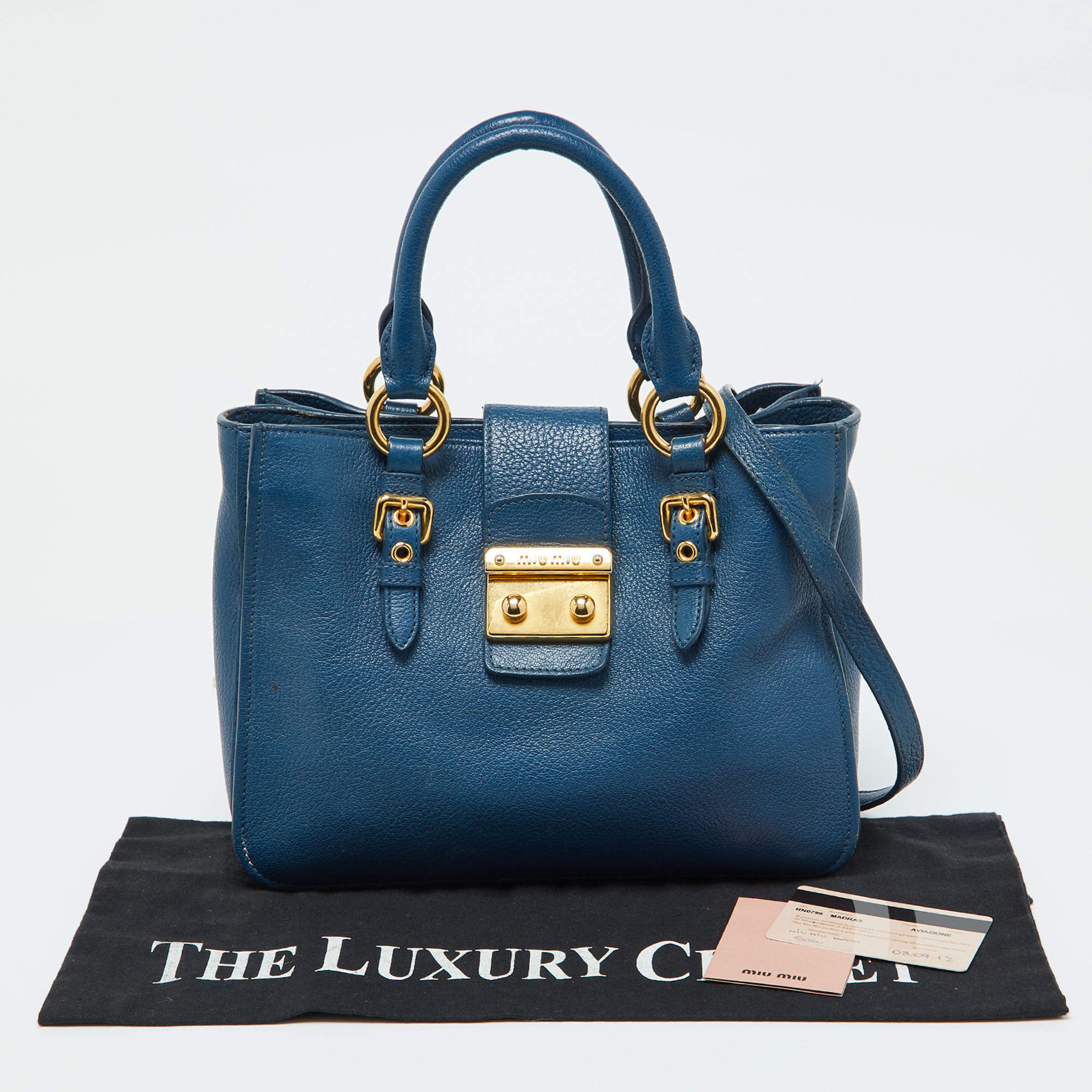 Pre Owned Miu Miu Blue Madras Leather Pushlock Tote