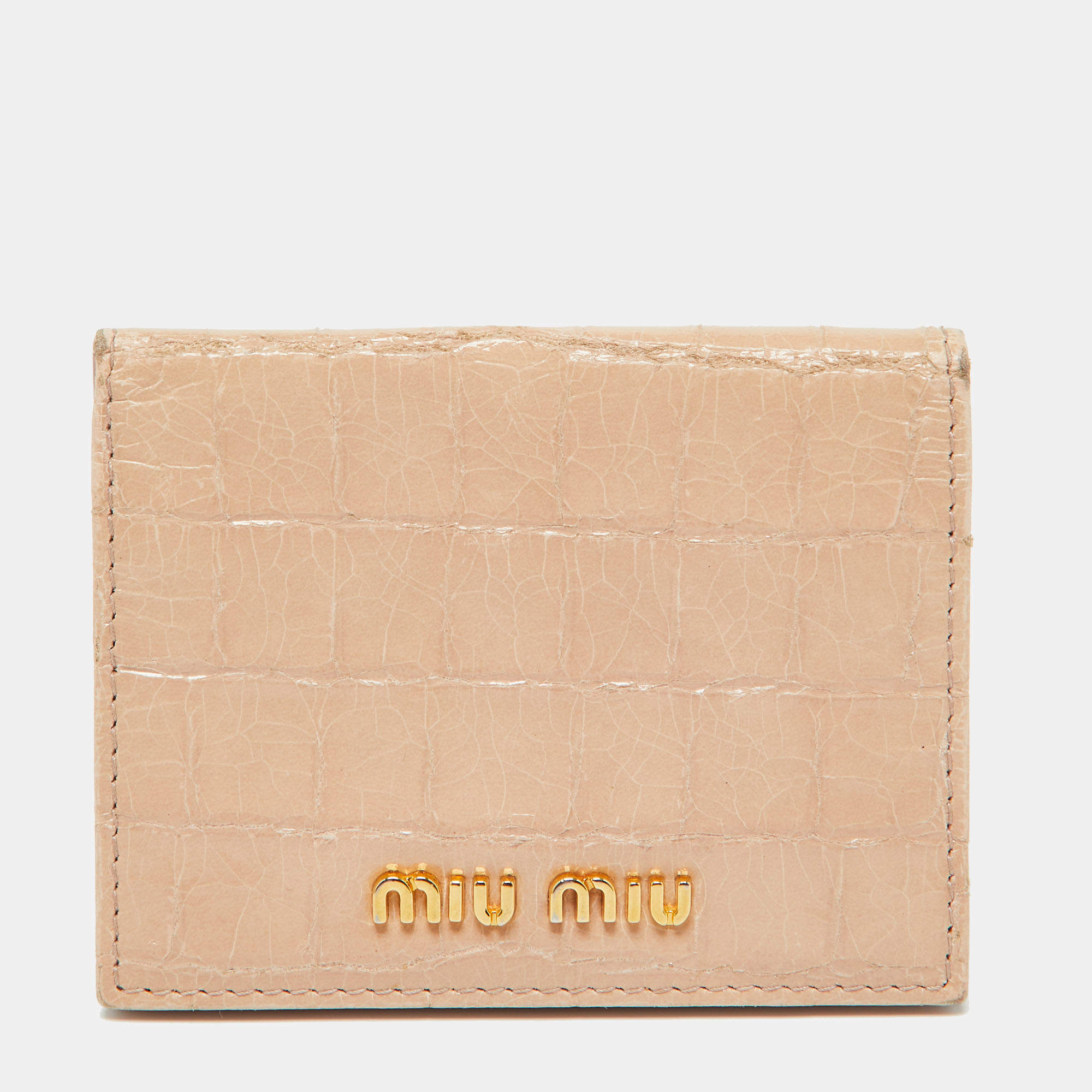 Miu Miu Beige Croc Embossed Leather Card Case