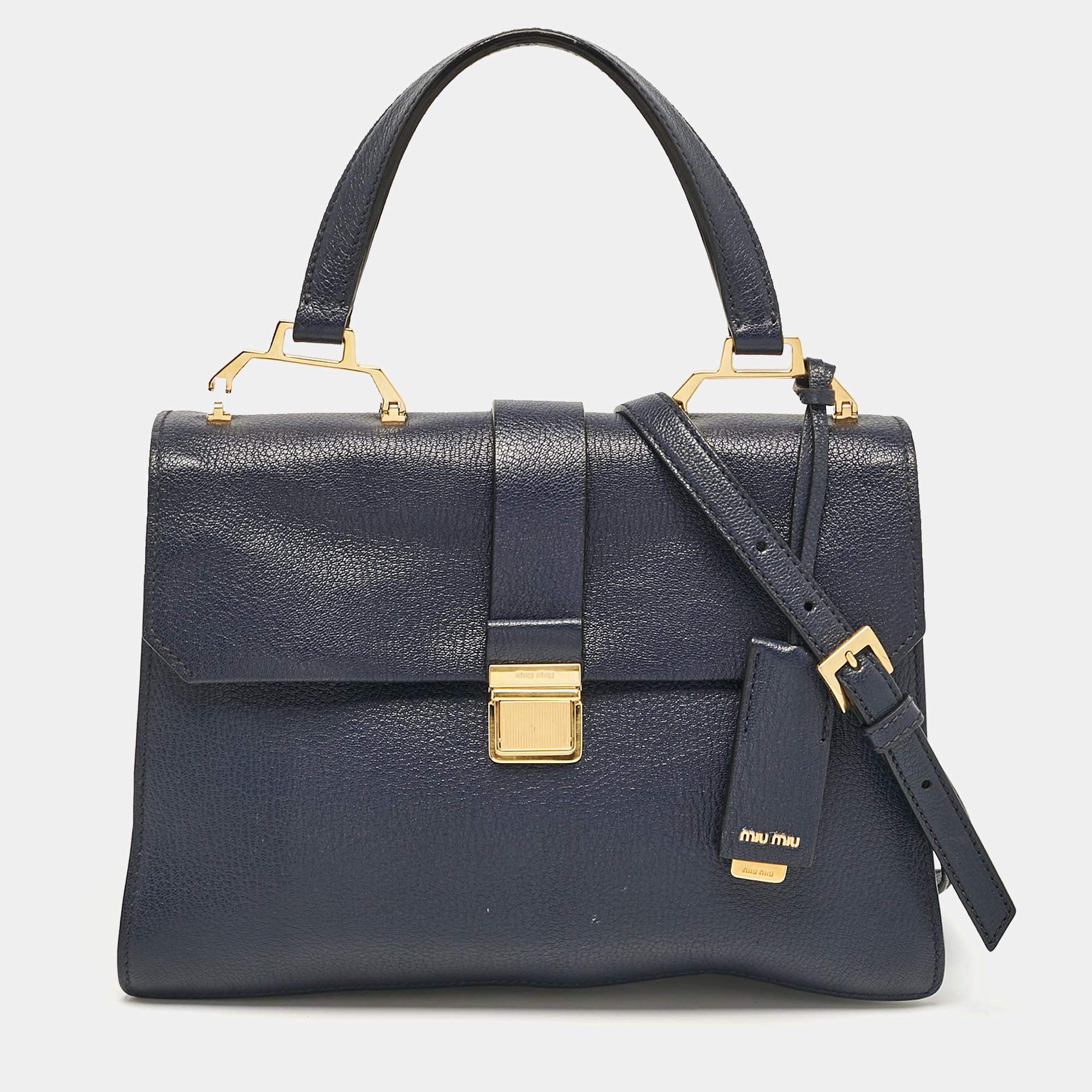 Miu Miu Navy Blue Leather Madras Top Handle Bag
