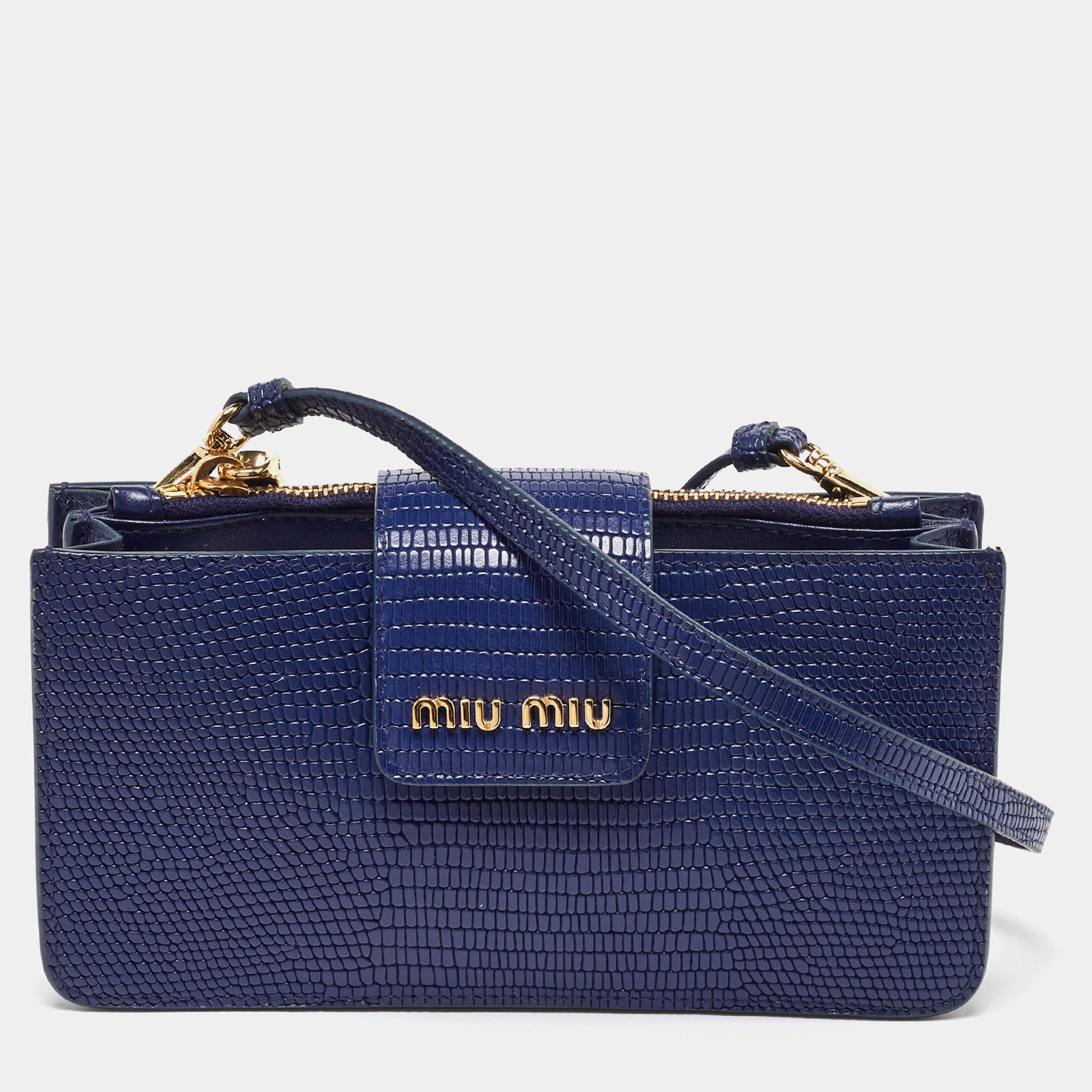 Pre Owned Miu Miu Blue Lizard Embossed Leather Phone Wallet Crossbody Bag