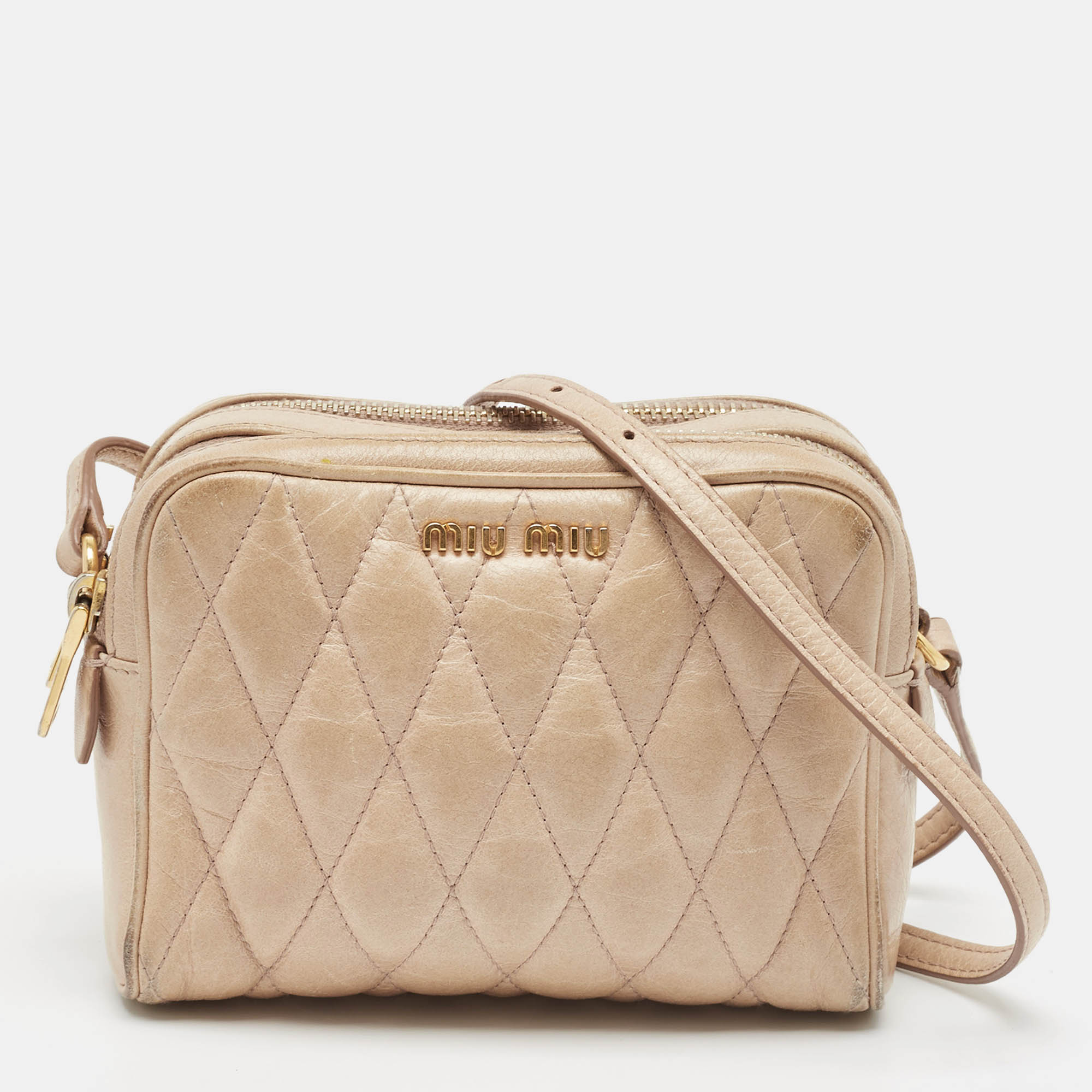 Miu Miu Beige Matelassé Leather Double Zip Camera Crossbody Bag