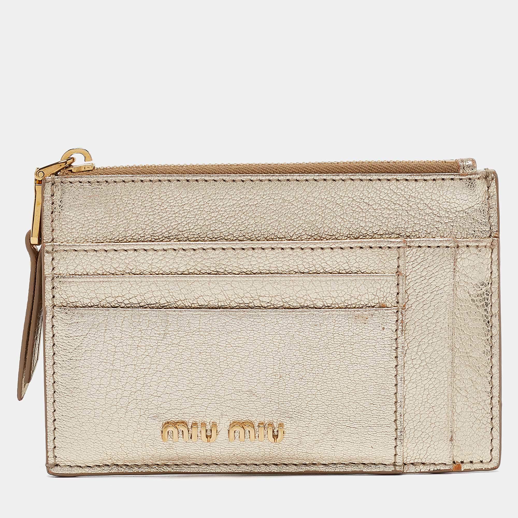 Miu Miu Metallic Gold Madras Leather Zip Card Holder