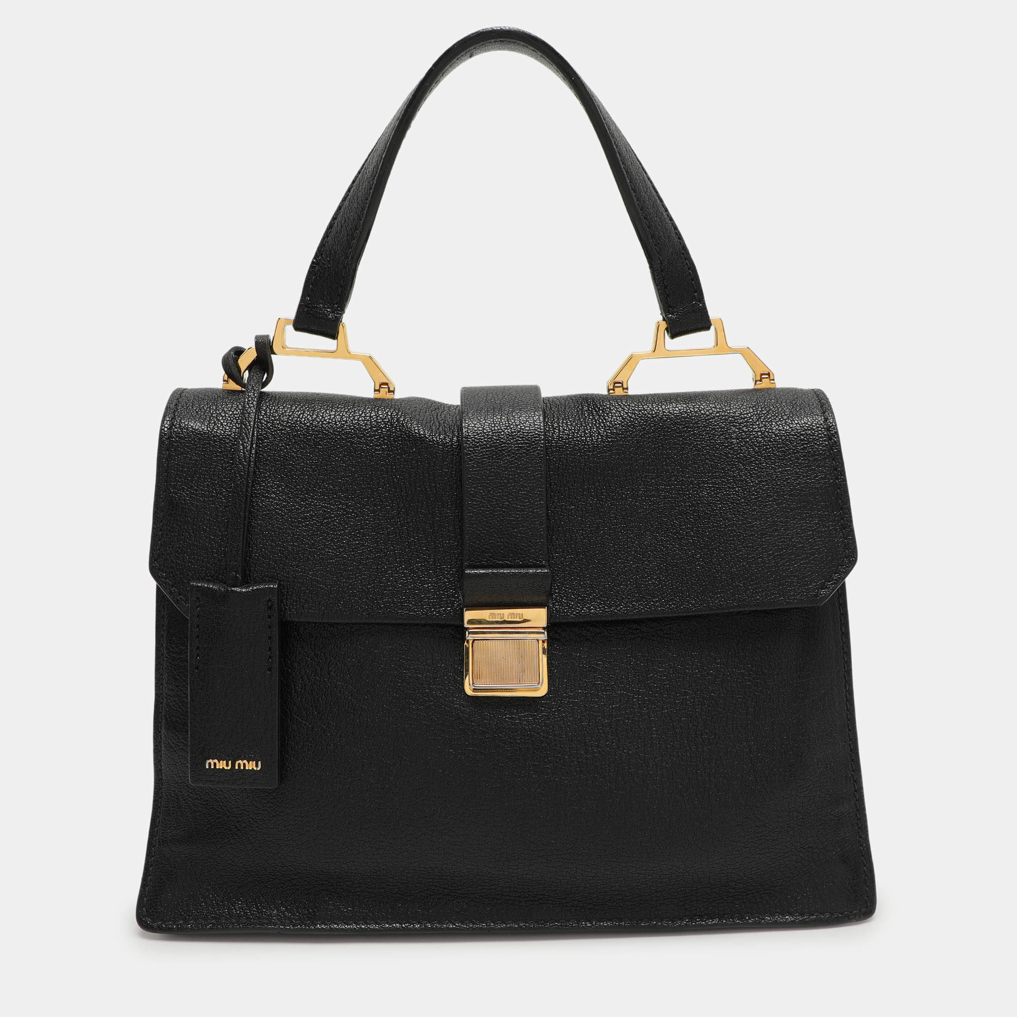 Miu Miu Black Leather Push Lock Top Handle Bag