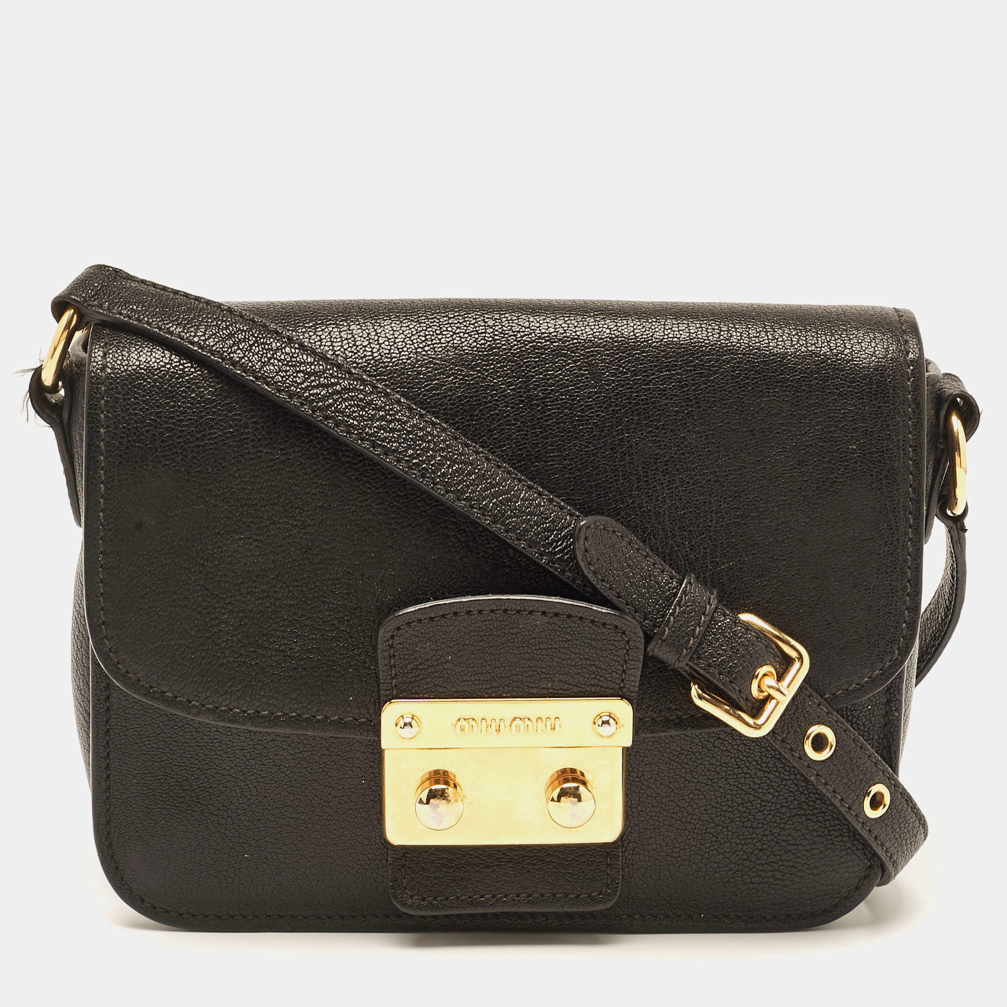 Miu Miu Black Leather Pushlock Flap Crossbody Bag