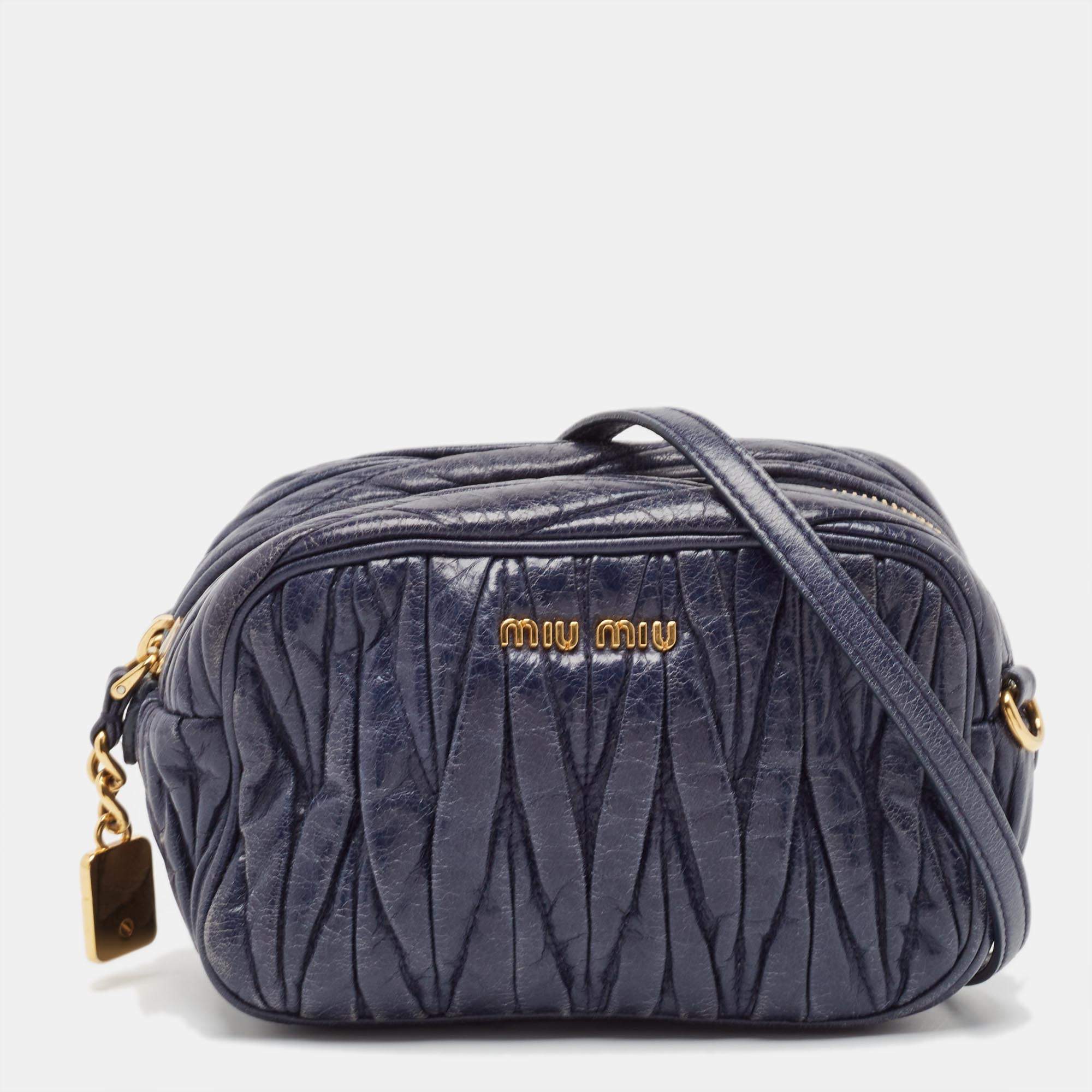 Miu Miu Navy Blue Matelassé Leather Camera Crossbody Bag