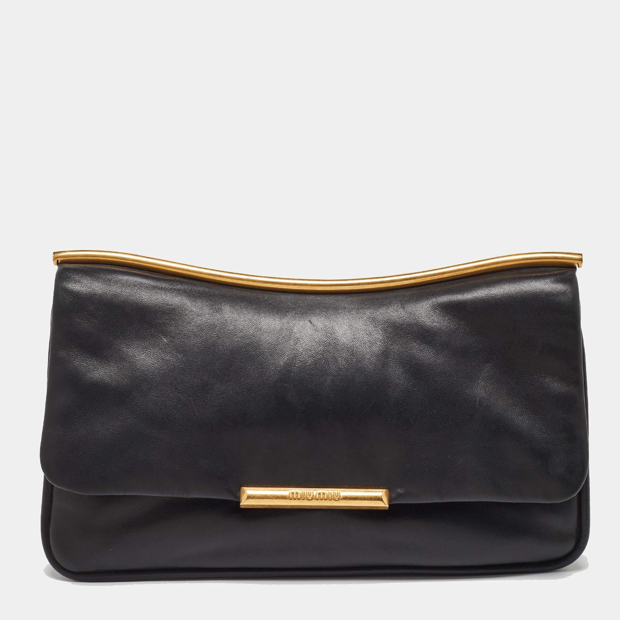 Miu Miu Black Leather Flap Frame Clutch
