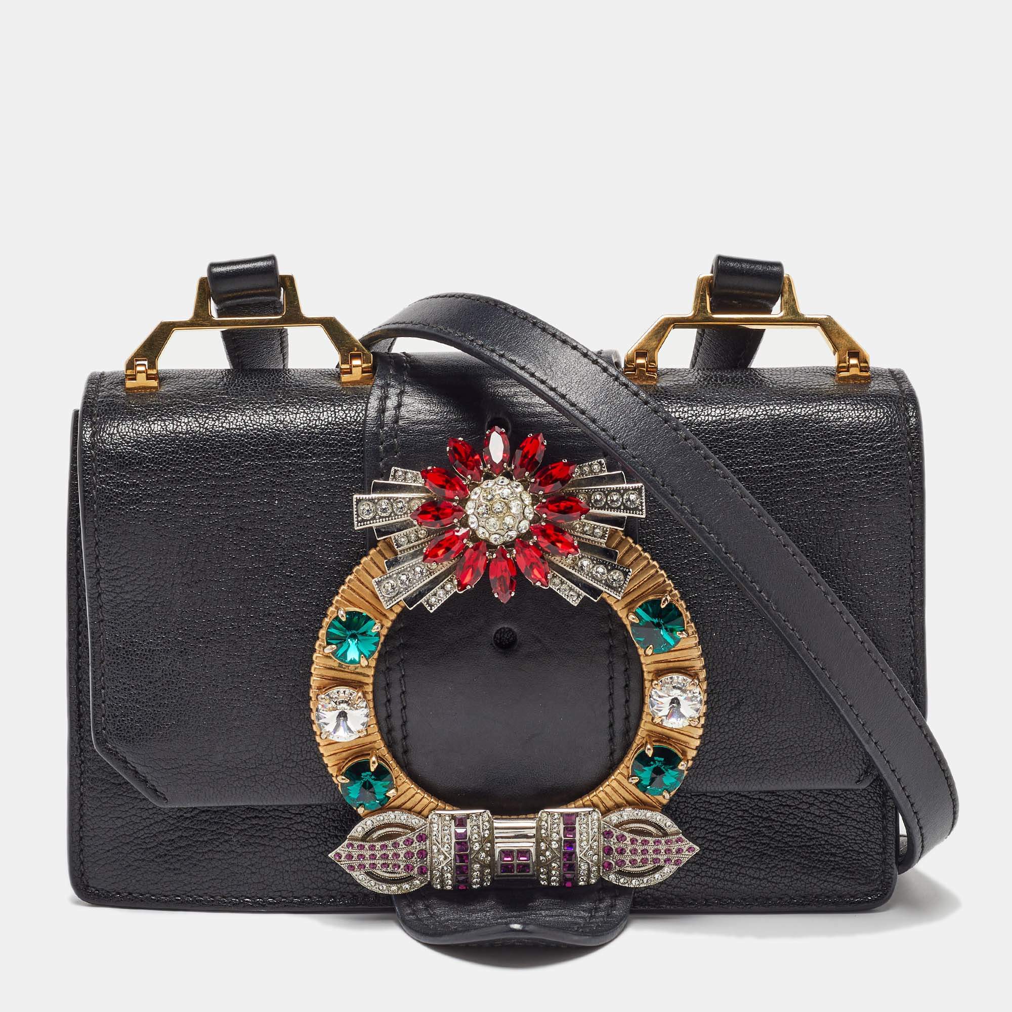 Miu Miu Black Madras Leather Crystal Embellished Buckle Flap Shoulder Bag