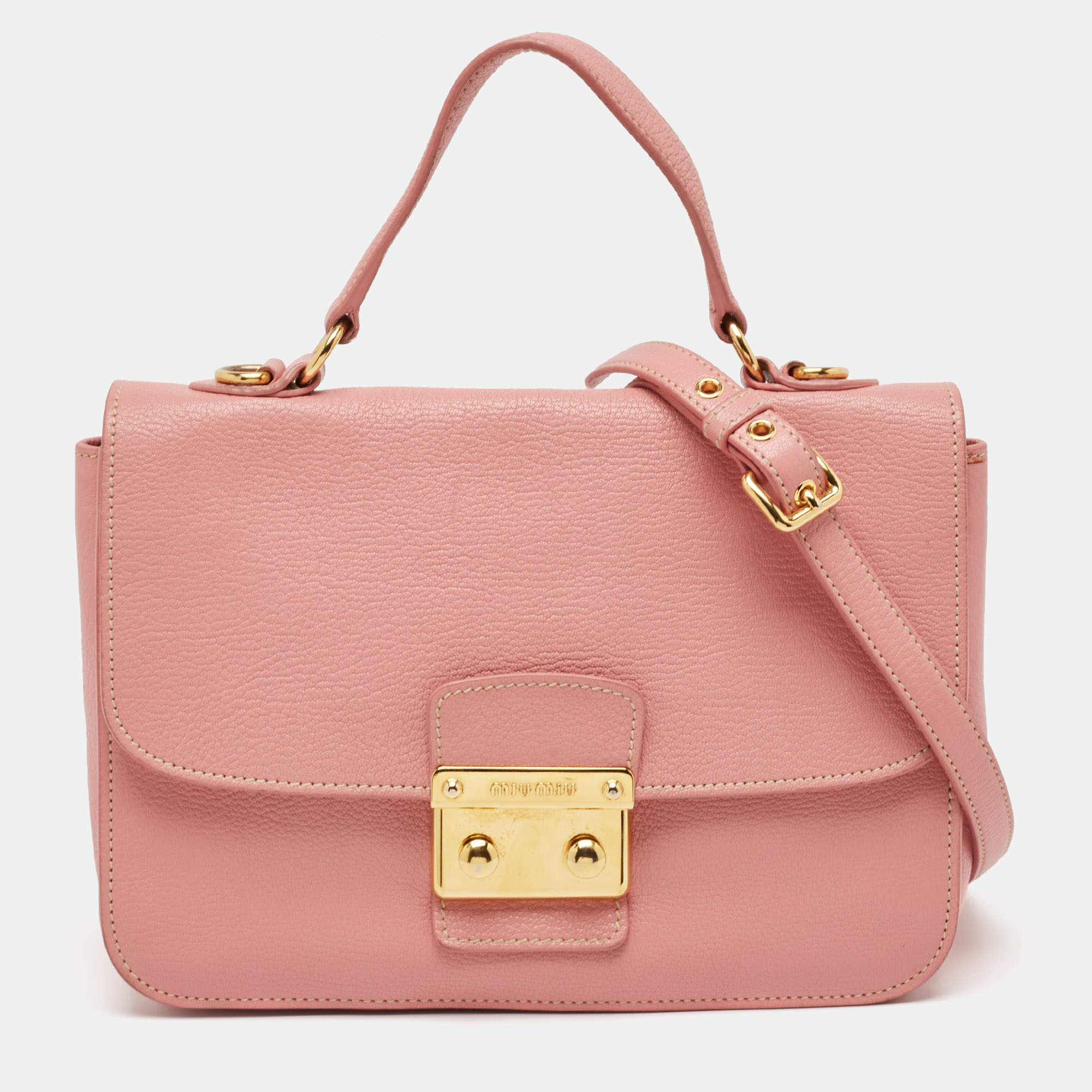 Miu Miu Pink Madras Leather Push Lock Flap Top Handle Bag