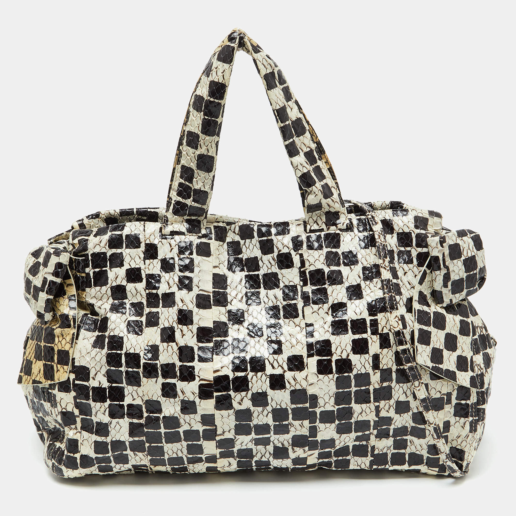 Pre Owned Miu Miu Black/Cream Snakeskin Side Bow Tote