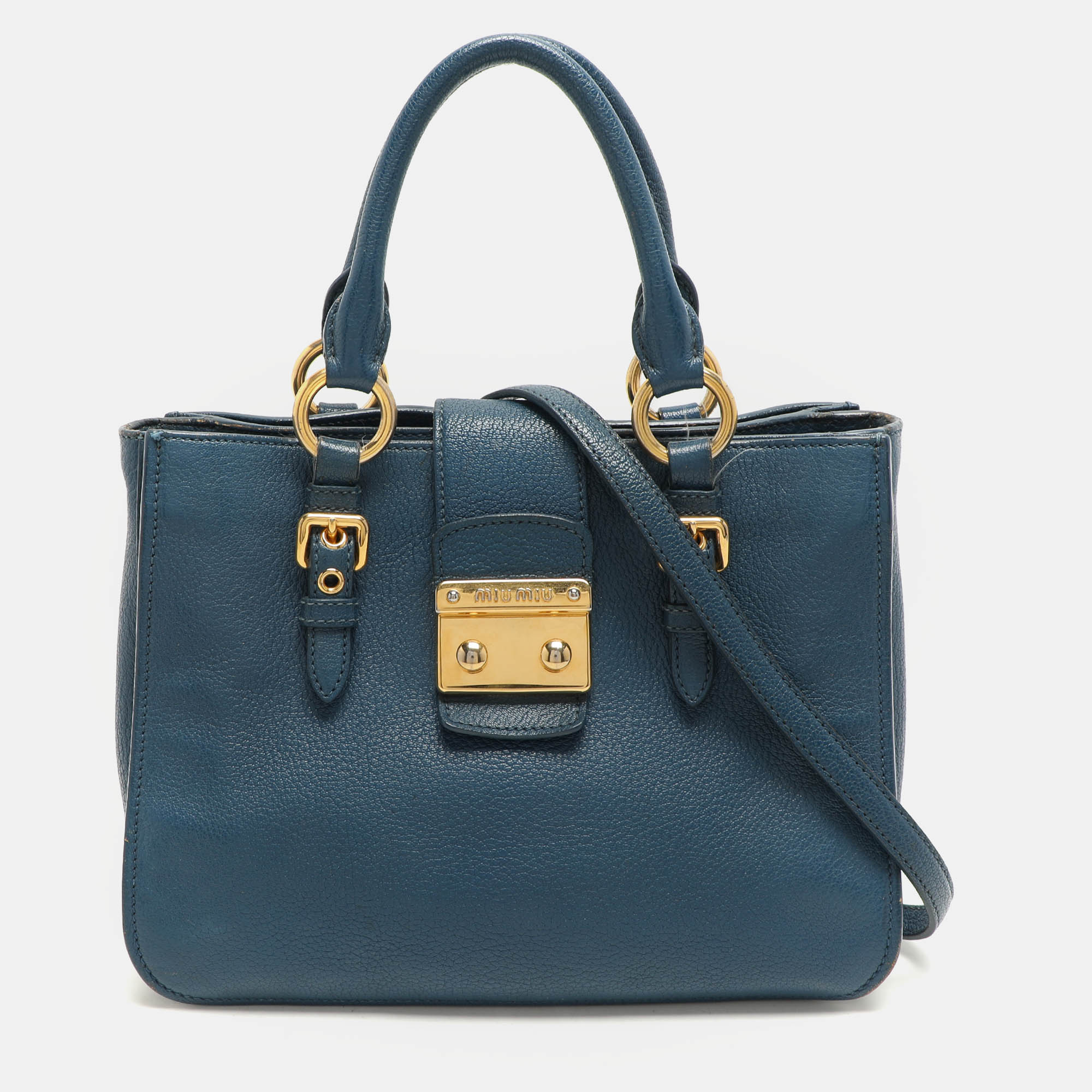 Miu Miu Blue Madras Leather Pushlock Tote