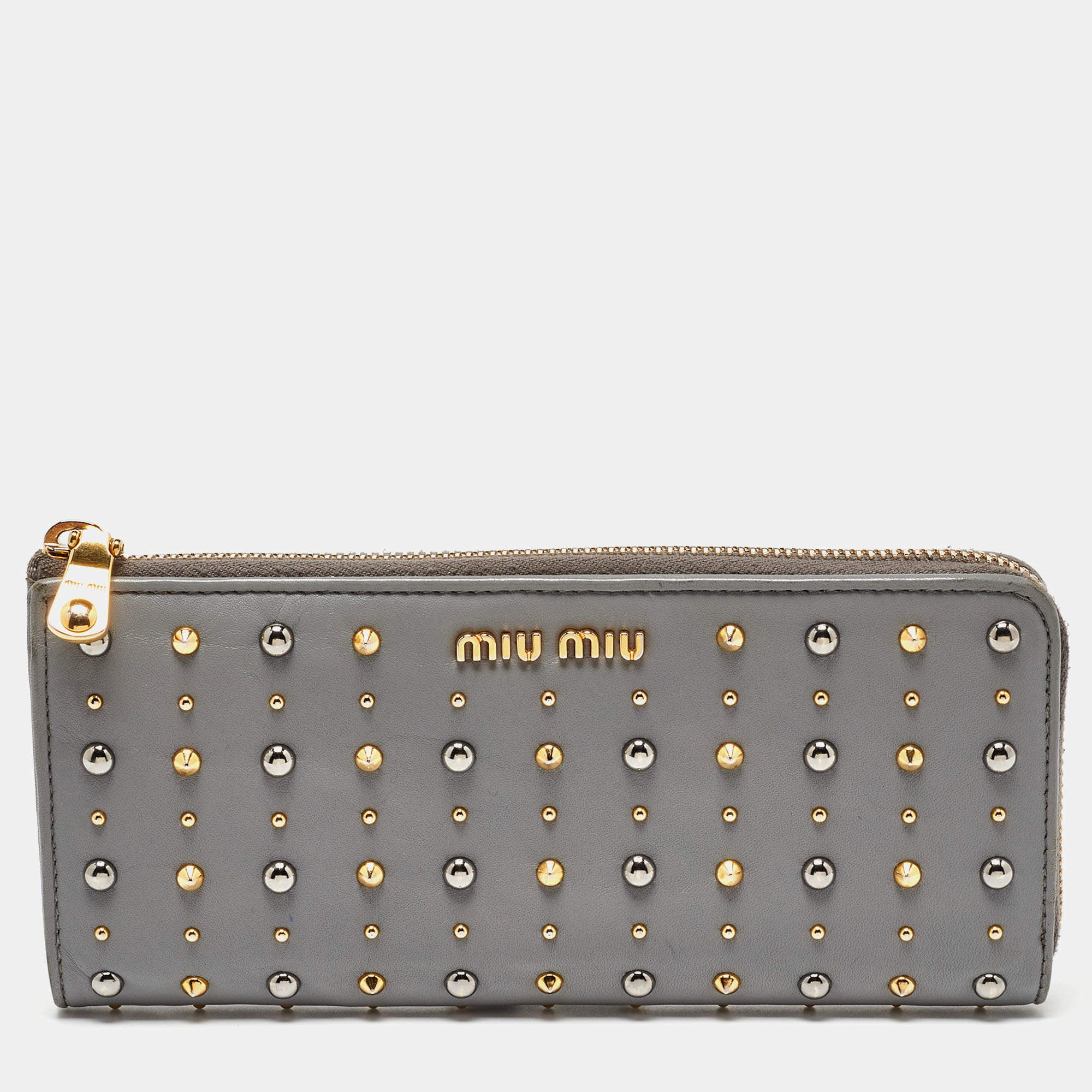 Miu Miu Grey Leather Studded Zip Continental Wallet