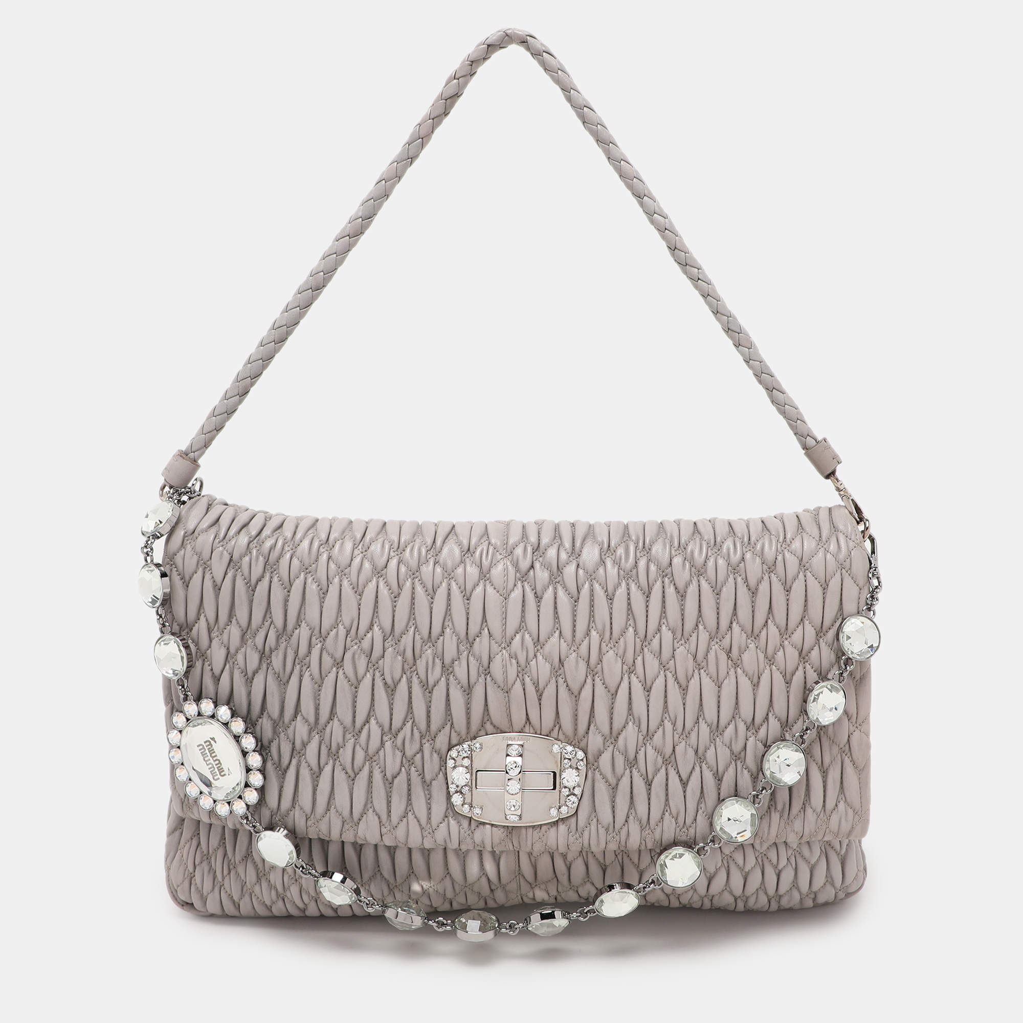 Miu Miu Grey Matelassé Nappa Leather Crystal Shoulder Bag