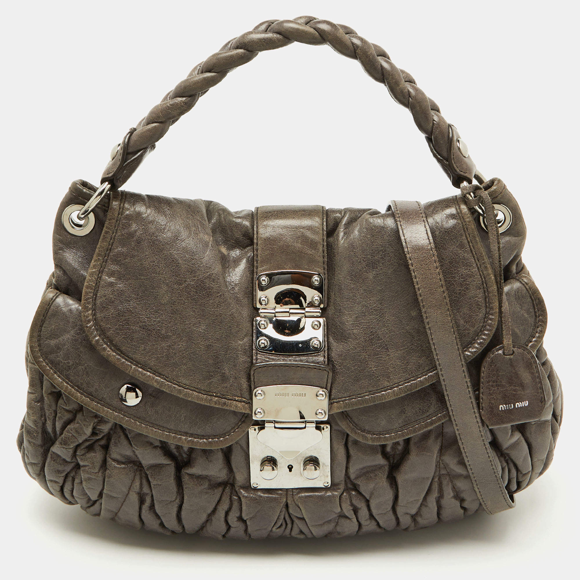 Miu Miu Grey Matelassé Lux Leather Coffer Hobo