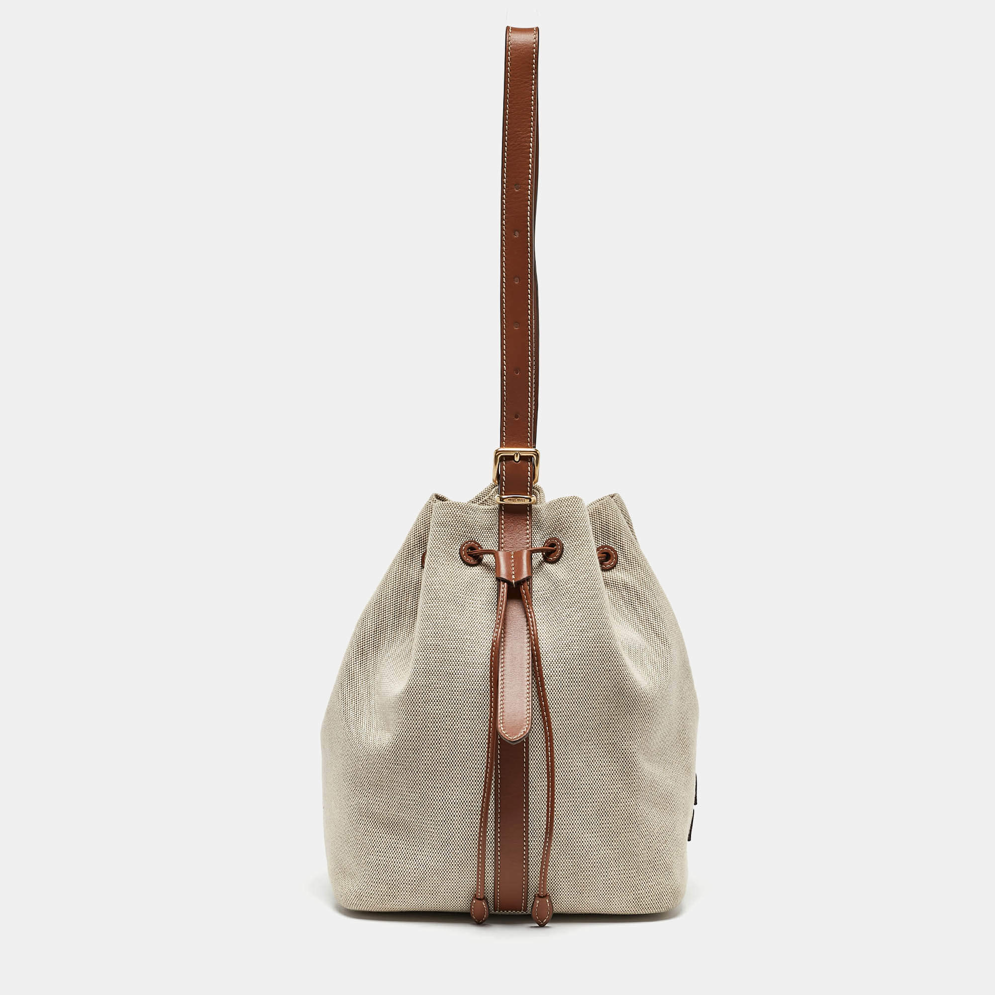 Miu Miu Brown/Natural Canvas Logo Drawstring Bucket Bag