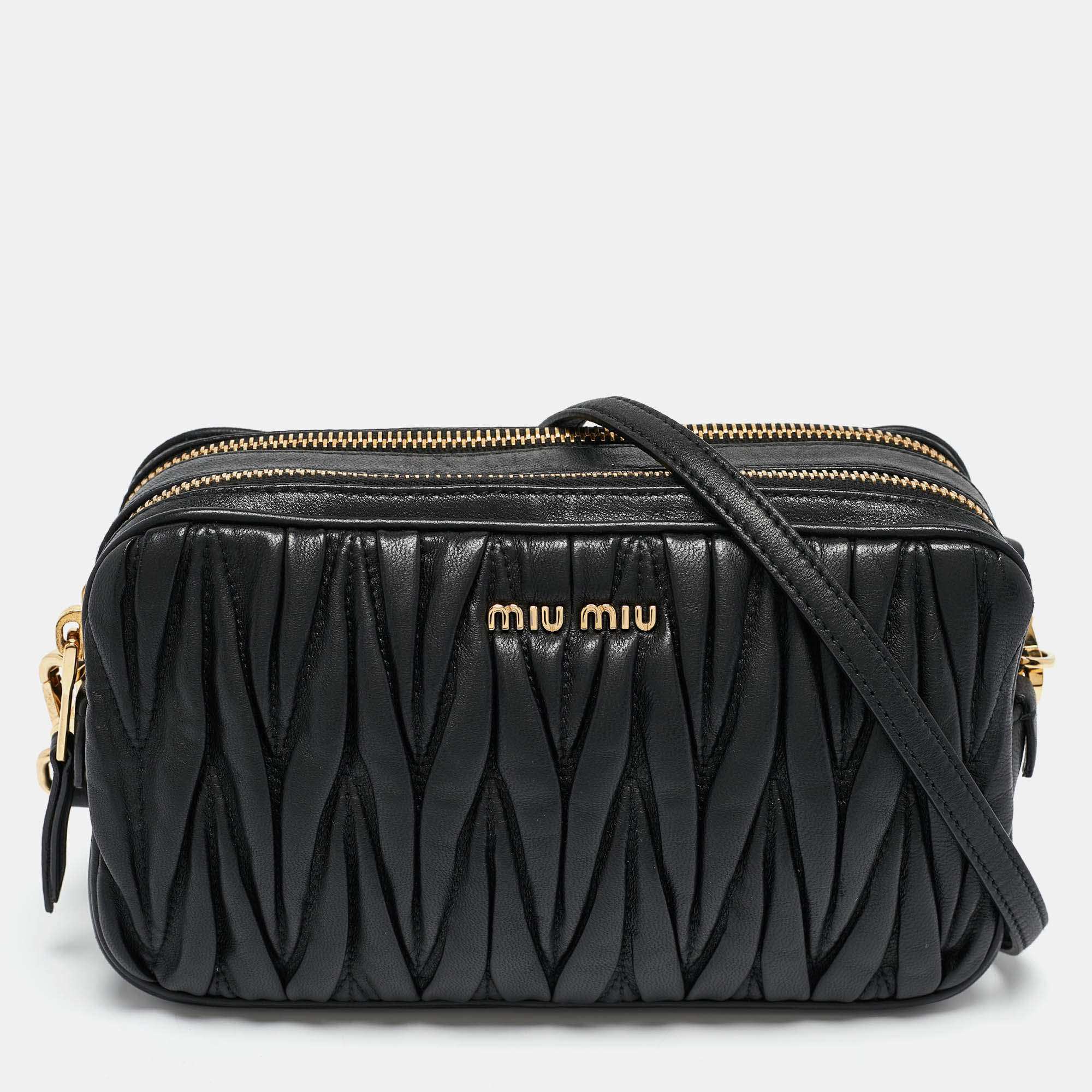 Pre Owned Miu Miu Black Matelasse Leather Double Zip Crossbody Bag