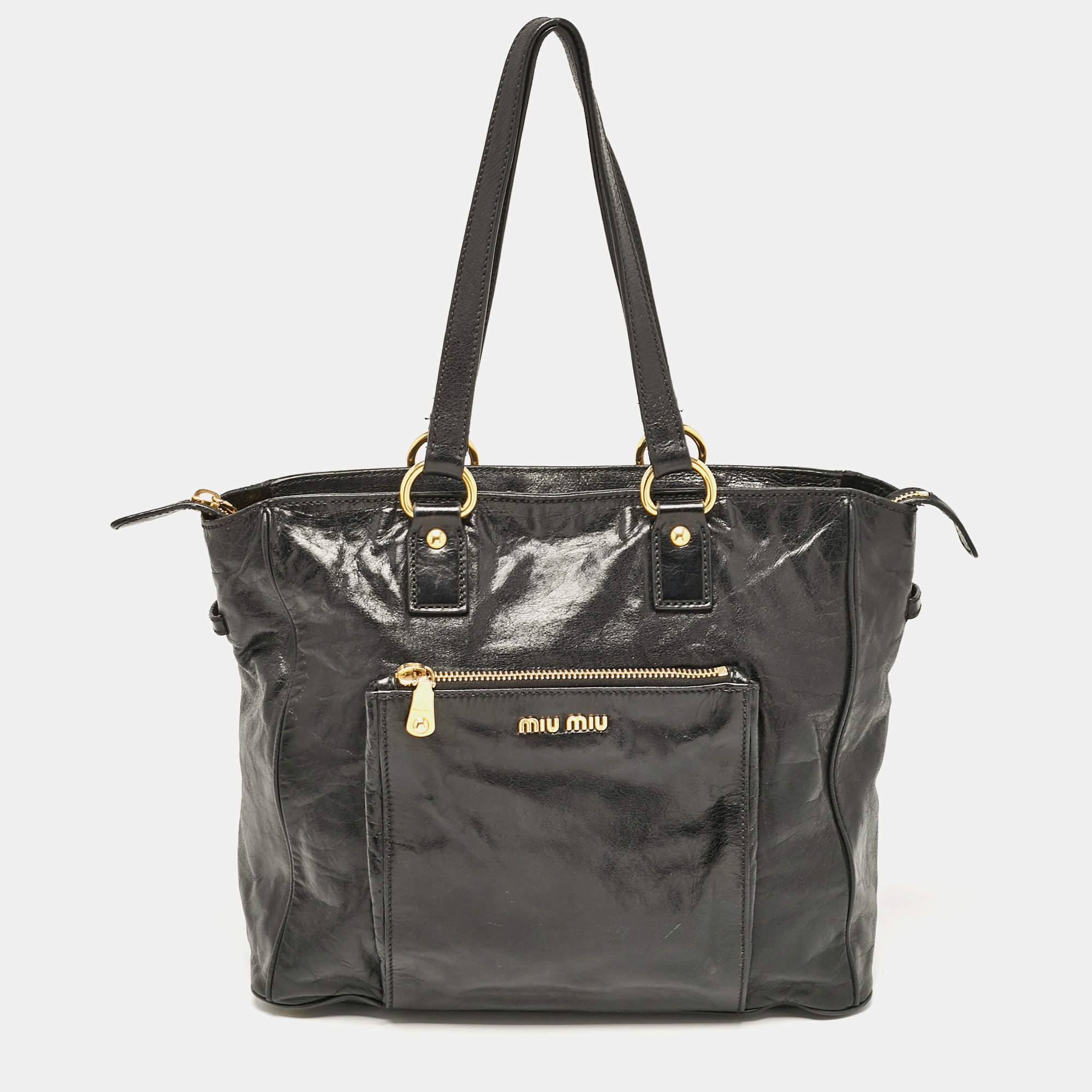 Miu Miu Black Glossy Leather Front Pocket Tote