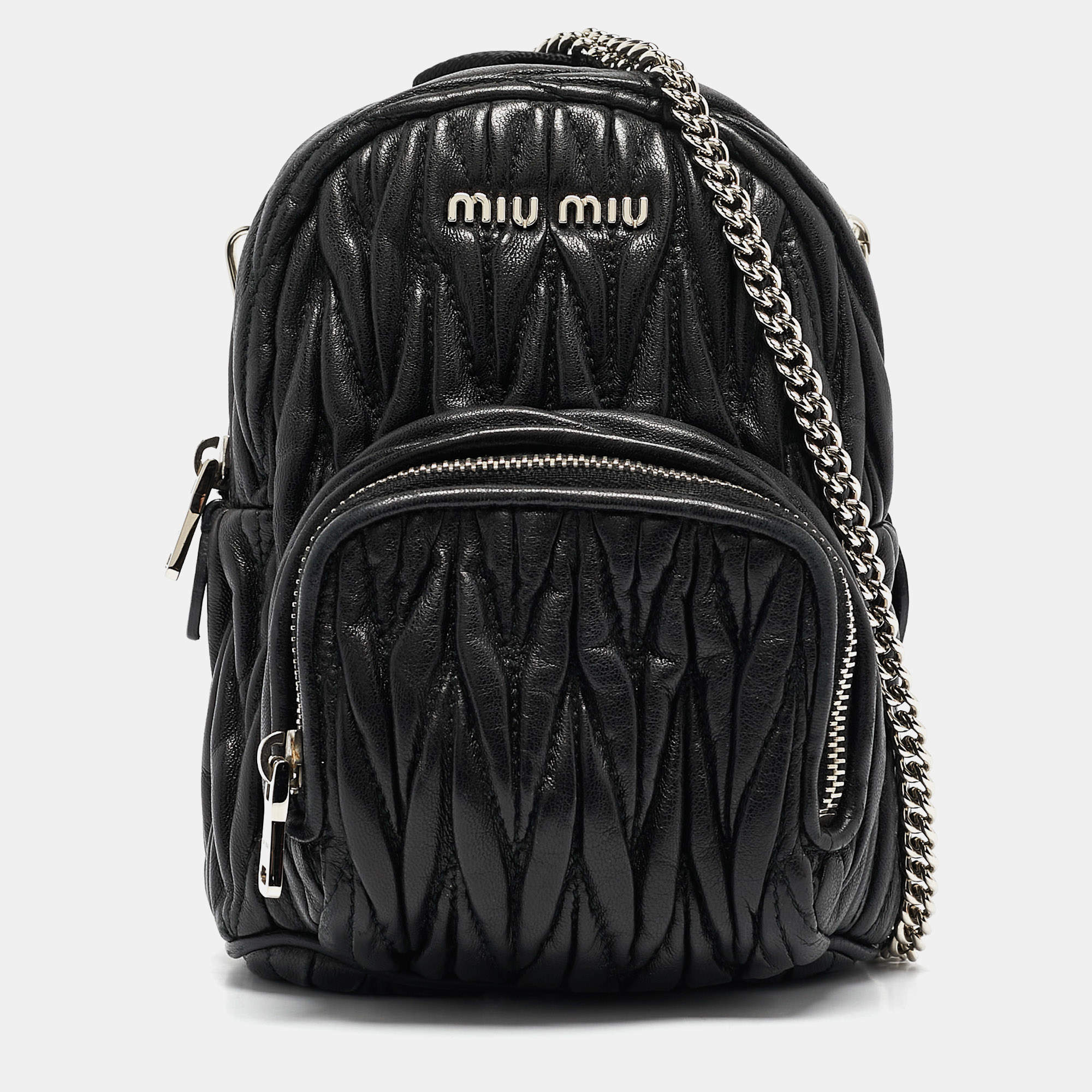 Pre Owned Miu Miu Black Matelassé Leather Mini Chain Crossbody Bag