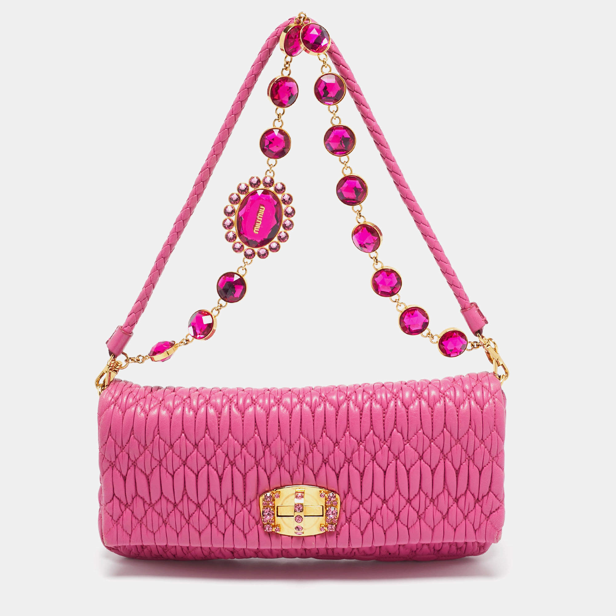 مملوكة مسبقًا Miu Miu Fuchsia Matelasse Leather Small Crystal Flap Shoulder Bag