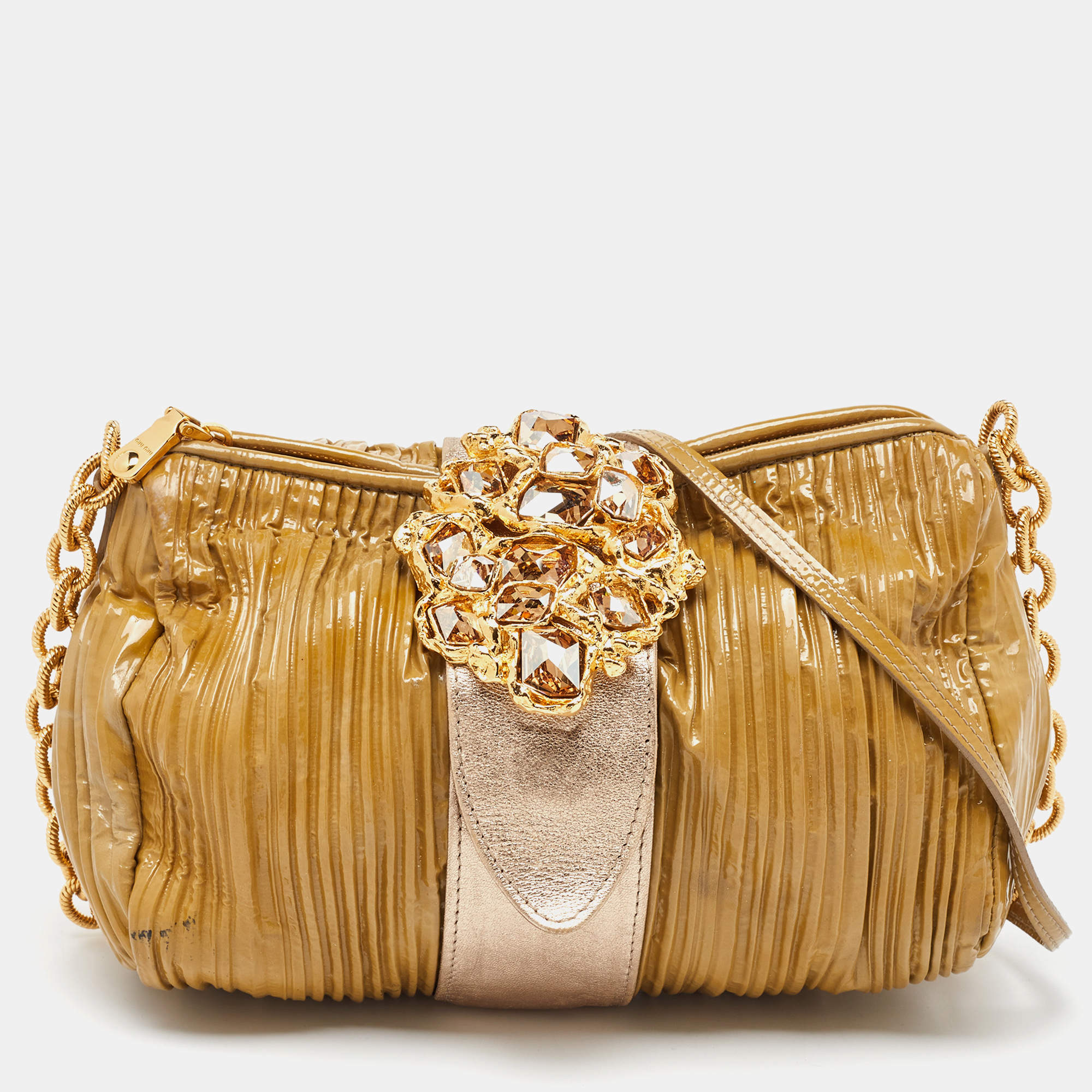 Miu Miu Beige/Metallic Pleated Patent Leather Shoulder Bag