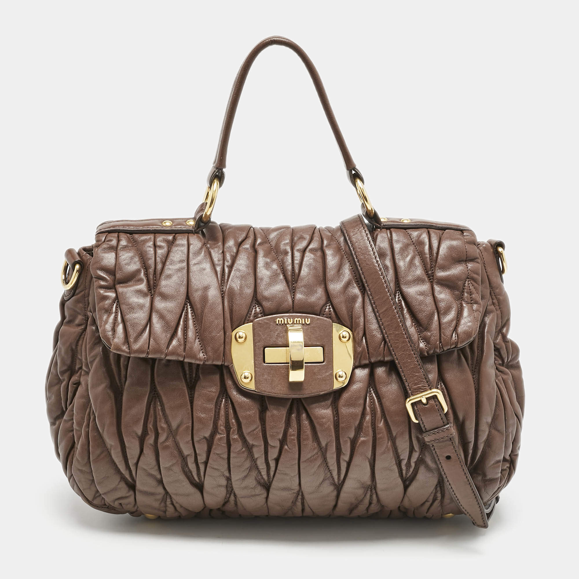 Miu Miu Brown Matelassé Leather Turnlock Flap Top Handle Bag