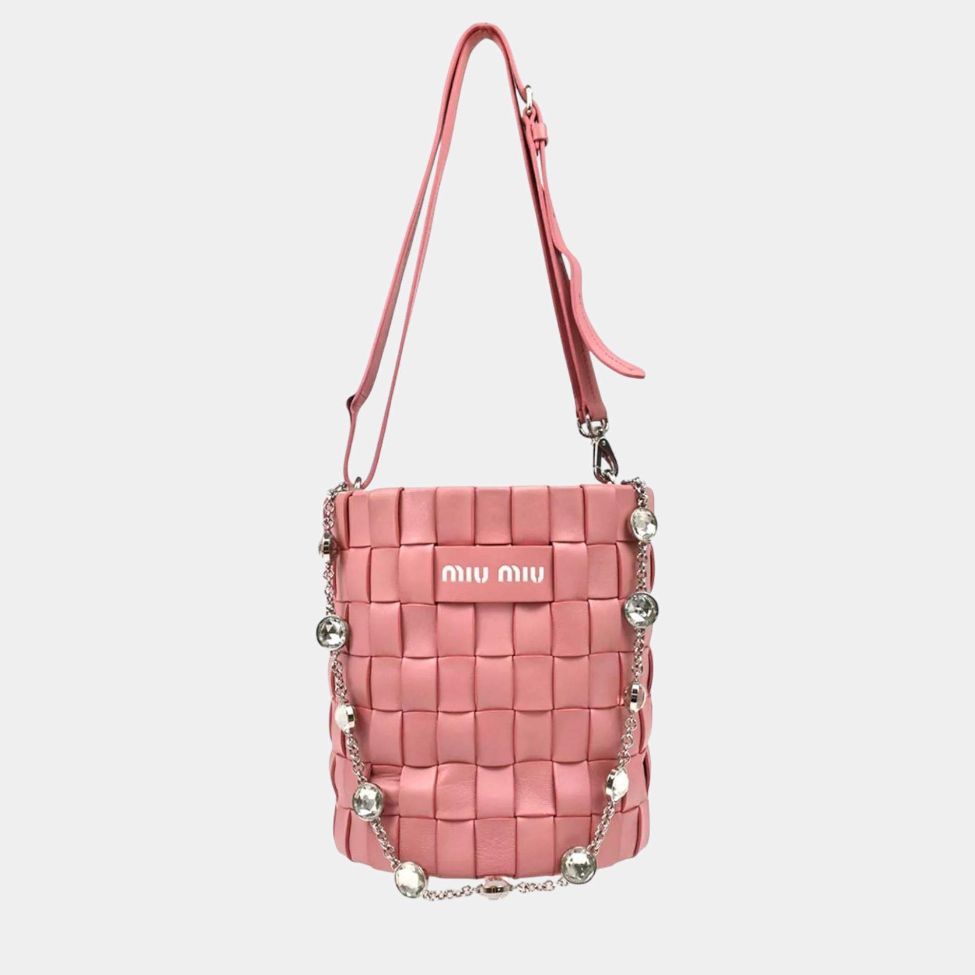Miu Miu Pink Lambskin Nappa Crystal Shoulder Bag