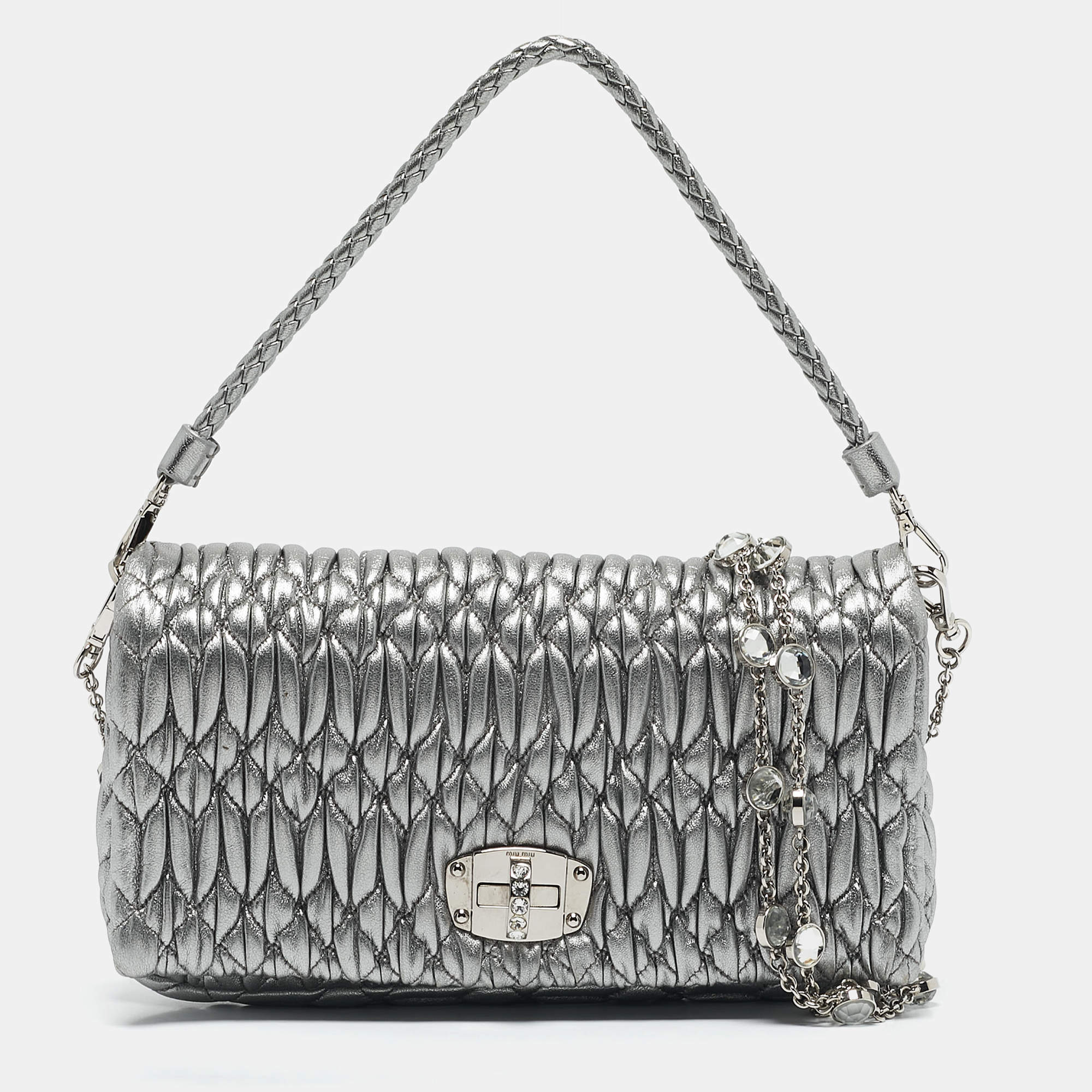 Miu Miu Silver Matelasse Leather Crystal Flap Shoulder Bag